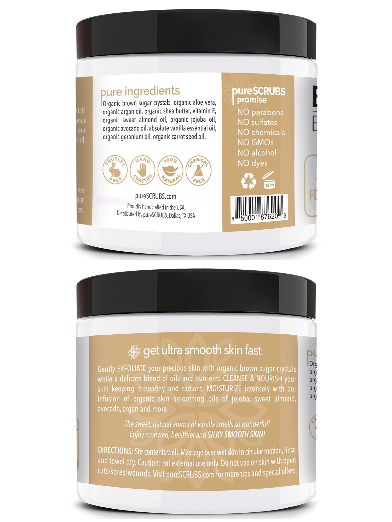 pureSCRUBS Premium Organic Brown Sugar VANILLA FACE & BODY SCRUB Set - Large 16oz, Infused With Organic Essential Oils & Nutrients INCLUDES Wooden Spoon, Loofah & Mini Exfoliating Bar Soap