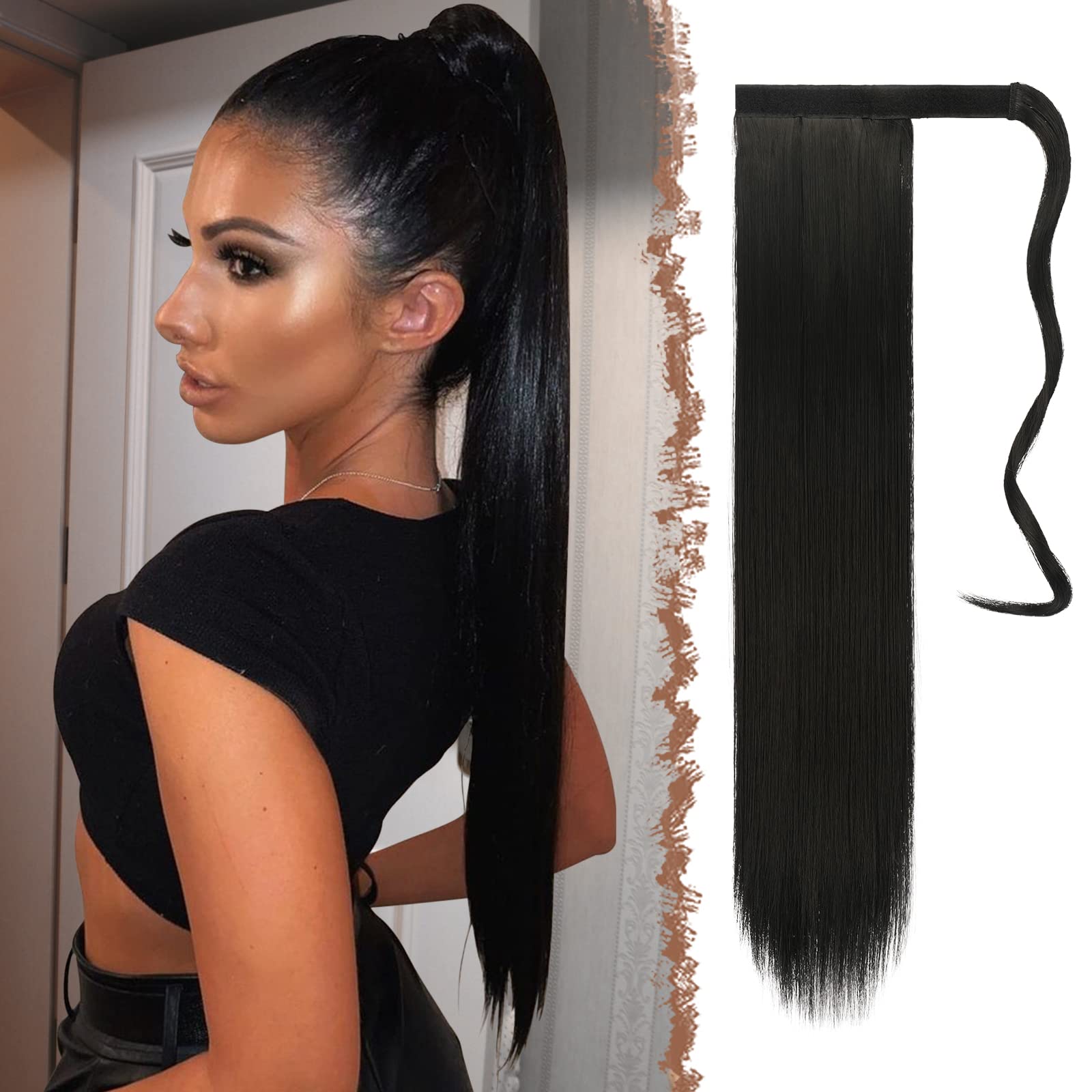 FESHFEN Straight Long Ponytail Extensions 28 Inch Wrap Around Synthetic Hair Piece Pony Tail Hair Extensions Hairpieces for Women Girls