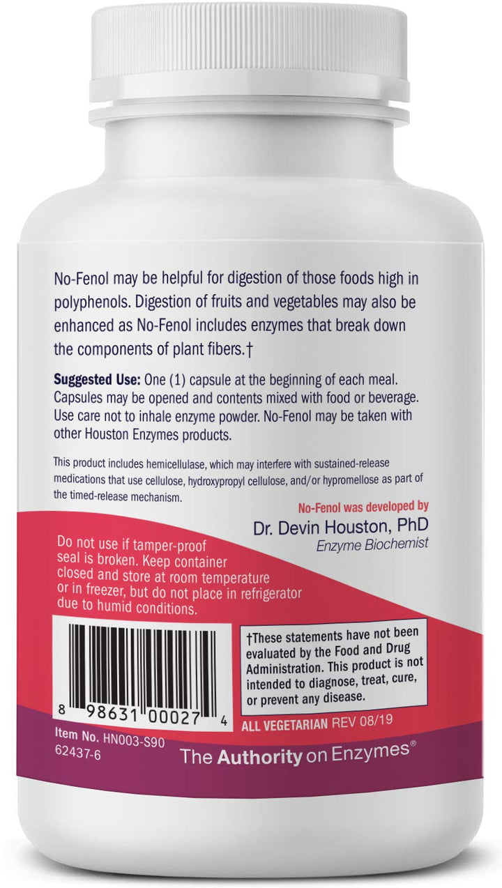 Houston Enzymes – No-Fenol Enzyme for Polyphenolic Foods – 90 Capsules (90 Doses) – Professionally Formulated to Support Polyphenolic Digestion – Enhances Breakdown of Fruits & Vegetable Fiber