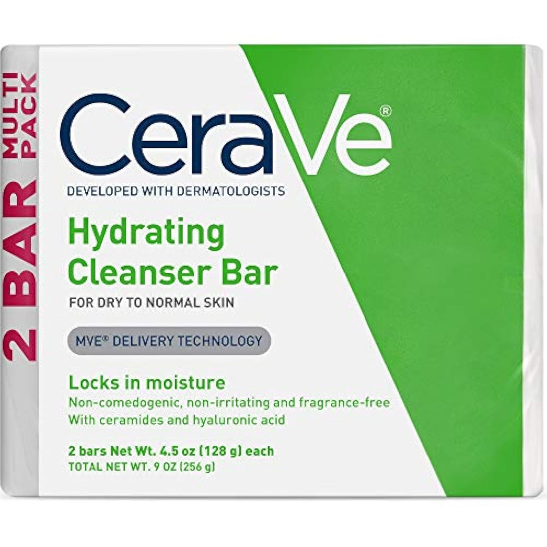 CeraVe Hydrating Cleanser Bar, Soap-Free Body and Facial Cleanser with 5% Cerave Moisturizing Cream, Fragrance-Free, 2-Pack, 4.5 Ounce Each