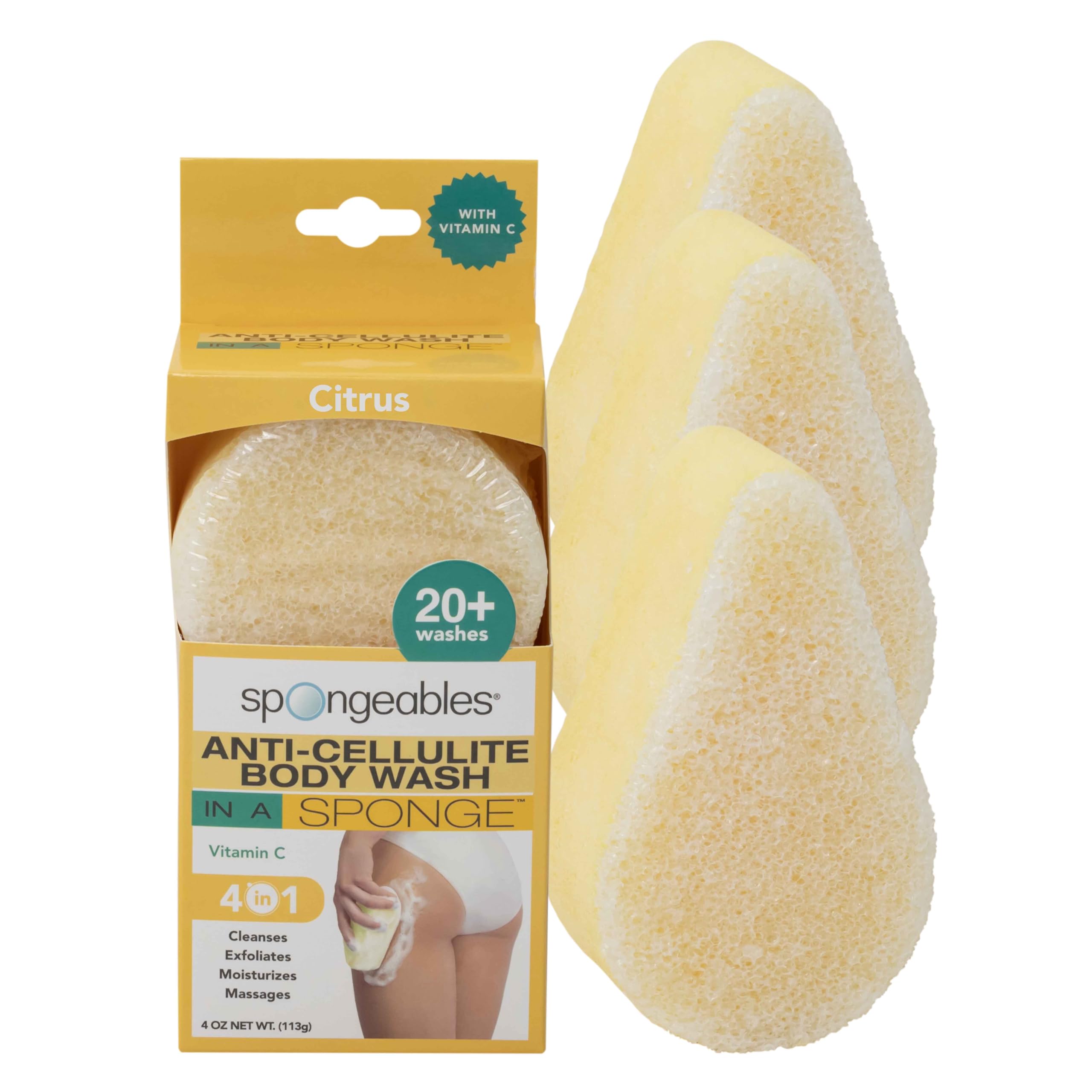 Spongeables AntiCellulite Body Wash In A Sponge With Vitamin C, Reduce The Appearance Of Cellulite, Moisturizer and Exfoliator for The Body, 20+ Washes, Citrus, 3 Count