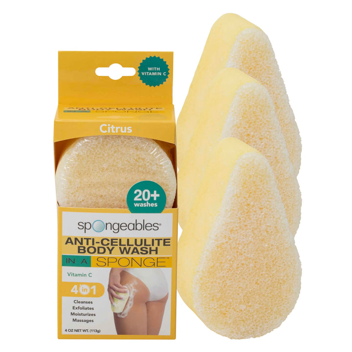 Spongeables AntiCellulite Body Wash In A Sponge With Vitamin C, Reduce The Appearance Of Cellulite, Moisturizer and Exfoliator for The Body, 20+ Washes, Citrus, 3 Count