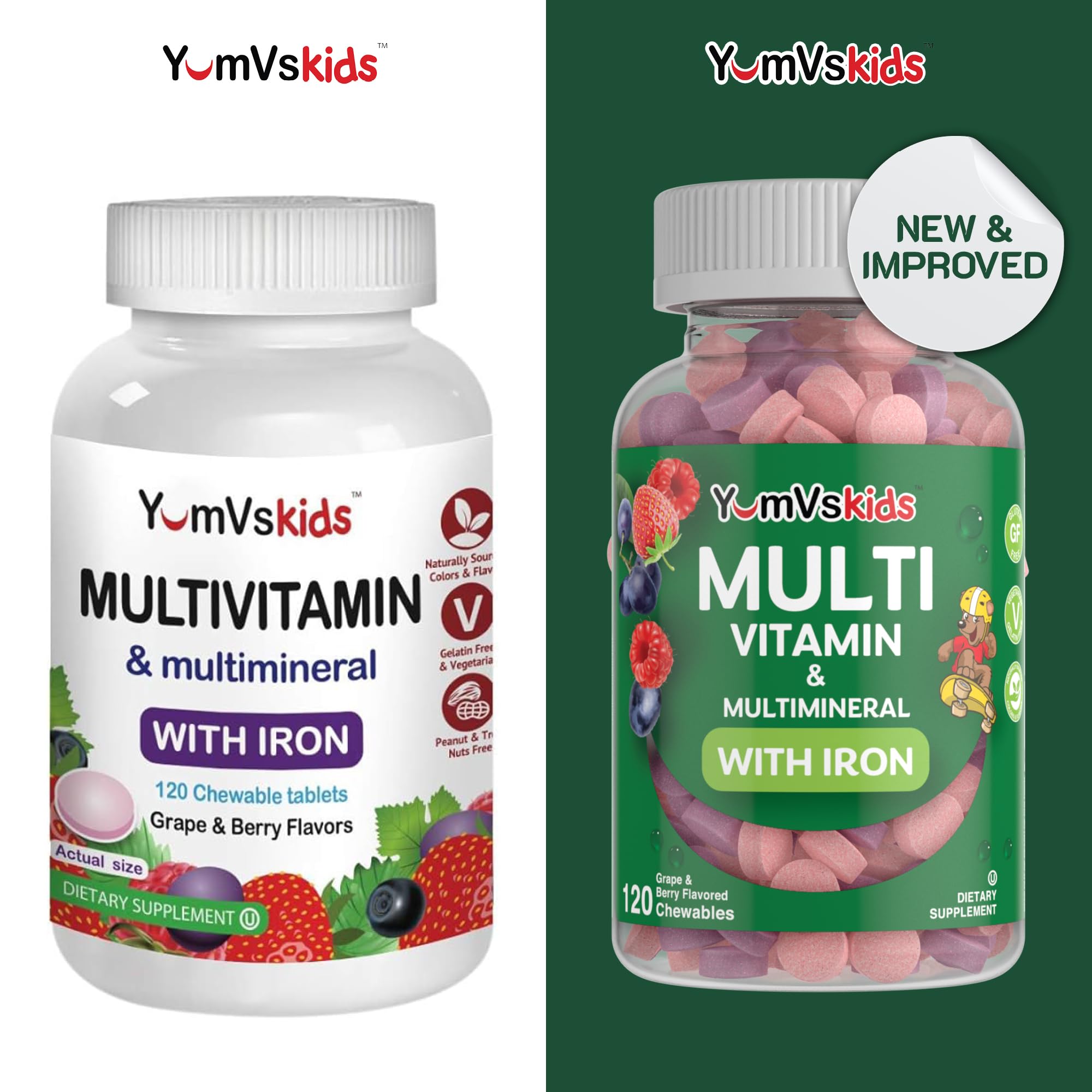 YumVs Complete Kids Multivitamin with Iron - Kids Chewable Multivitamin - Kids Vitamins Multivitamin + Kids Iron Supplement - Toddler Vitamins for 2 Year Old+, Kosher, Halal, Gluten Free (120 Tablets)