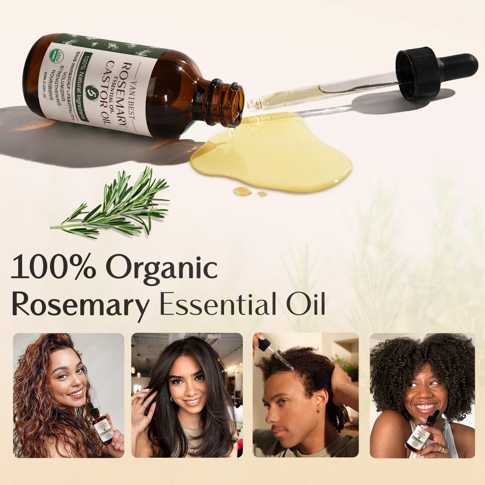 YANIBEST Organic Rosemary Essential Oil, Castor Oil, 100% Pure Natural Hair Oil for Strengthening Hair, Nourish and Repair Damaged Hair, Improve Scalp Health