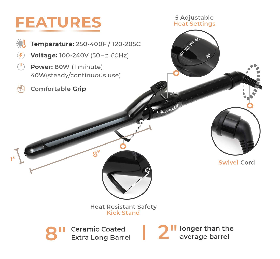 Le Angelique 1 inch Curling Iron with Clip - Professional 8 Extra Large Barrel for Big Long Hair | 1 25mm Wide Thick Ceramic Curler Wand | Adjustable Temperature | Dual Voltage
