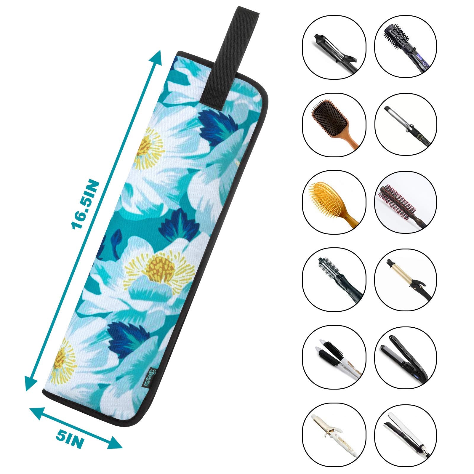Beautyflier Universal Curling Iron Cover Sleeve, Canvas Heat-Resistant Curling & Flat Iron Holder, Flat Iron Curling Wand Travel Cover Case Bag Pouch for Travel, Gym, or Home (Flower White)