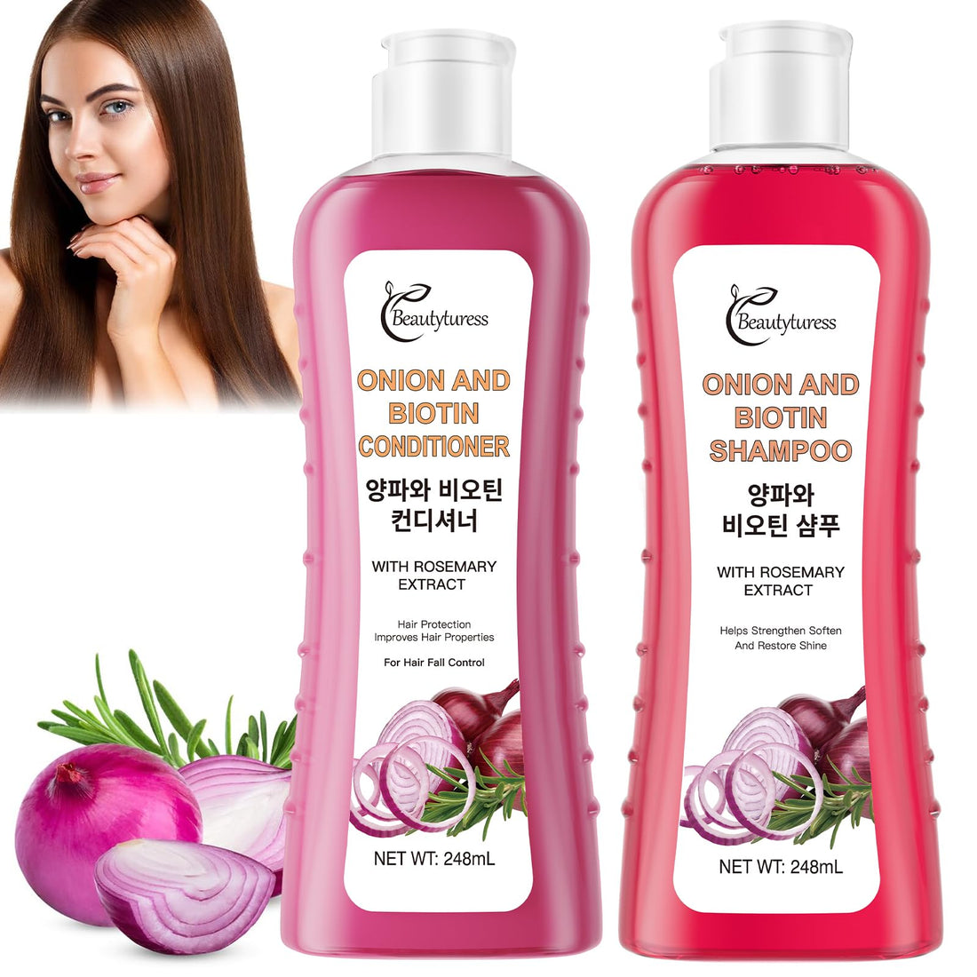 Onion Biotin and Rosemary Shampoo and Treatment Set Shampoo, Conditioner and Treatment for All Hair Types, Pink (248ML*2)