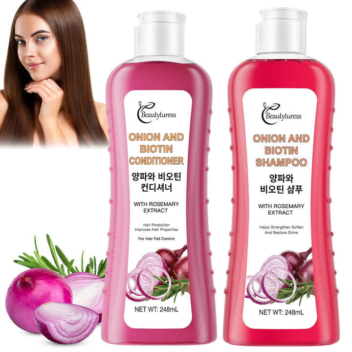 Onion Biotin and Rosemary Shampoo and Treatment Set Shampoo, Conditioner and Treatment for All Hair Types, Pink (248ML*2)
