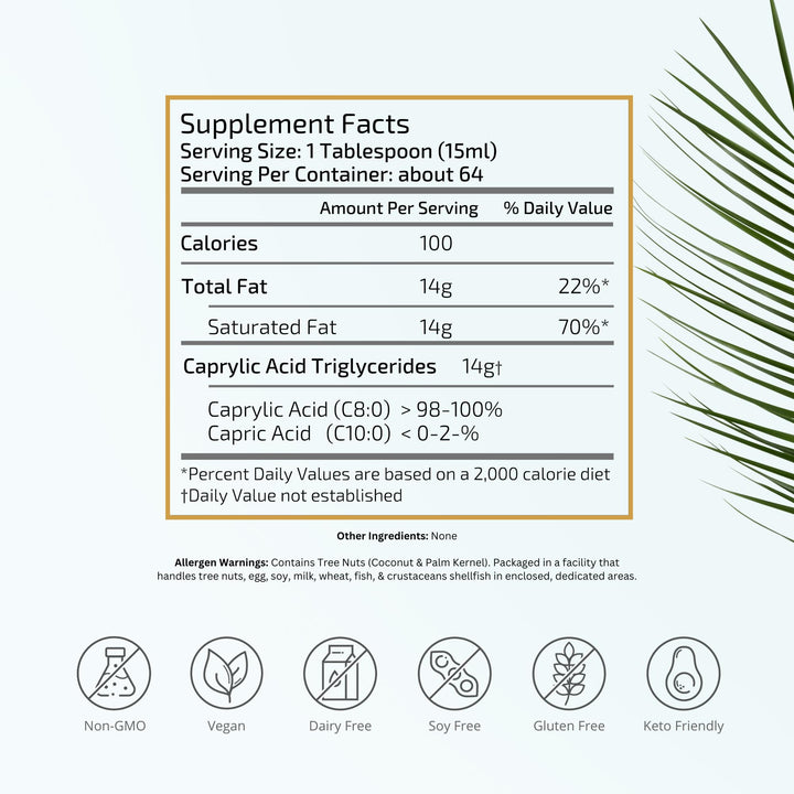 VTC VitaTradingCo. 100% Pure C8 MCT Oil | 3X Distilled Caprylic Acid | Healthy Fat for Clean Energy | Sustainably Sourced | Non-GMO, Paleo, Keto | 32oz, 64 Servings (Unflavored)