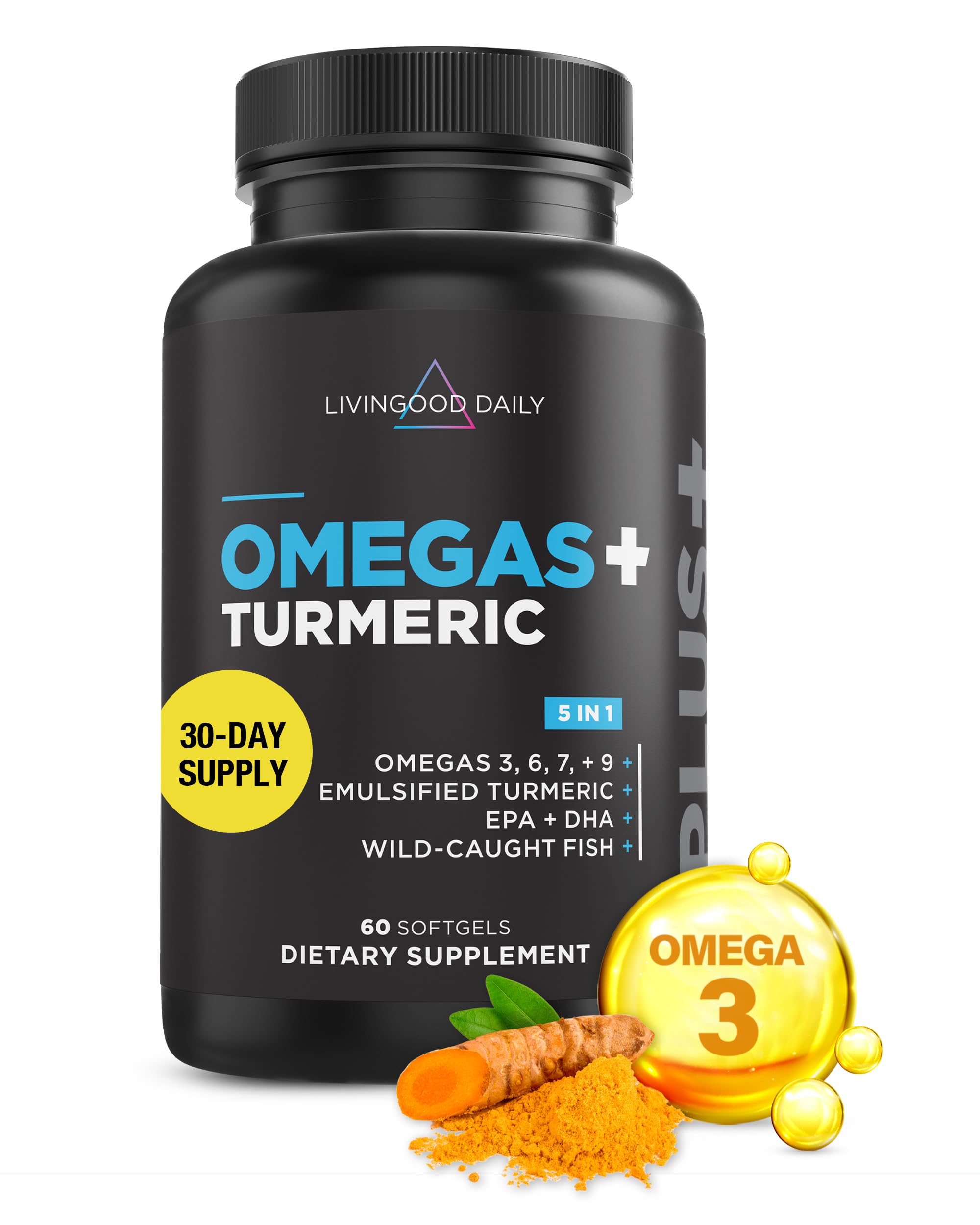 Livingood Daily Omega 3 6 9 Plus Turmeric Curcumin - Omega 3 Supplement (EPA & DHA) - Supports Heart Health - 60 Softgels