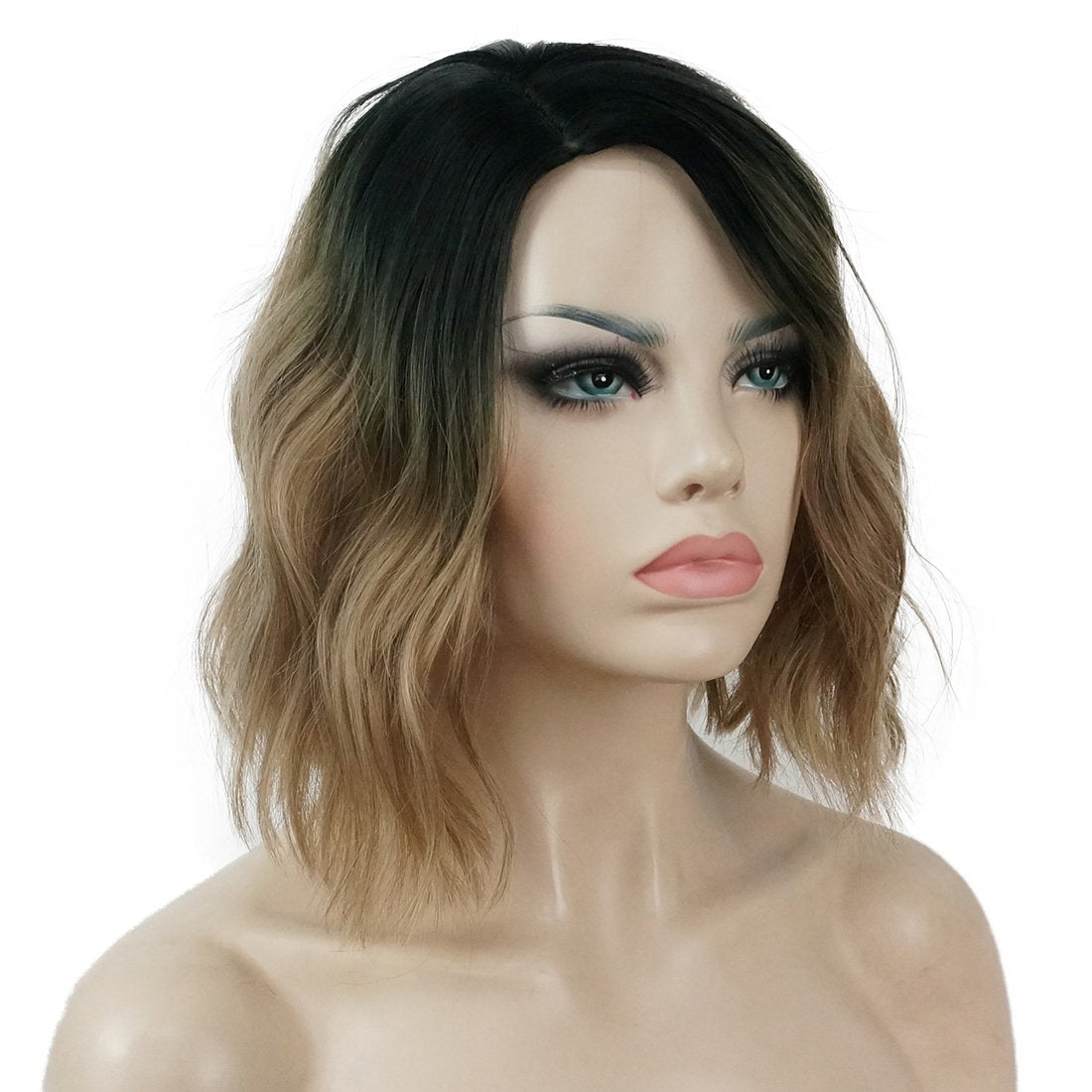 Lydell Short Wavy Bob Cuts Hairstyle For Women Light Brown Ombre Synthetic Hair Full Wigs