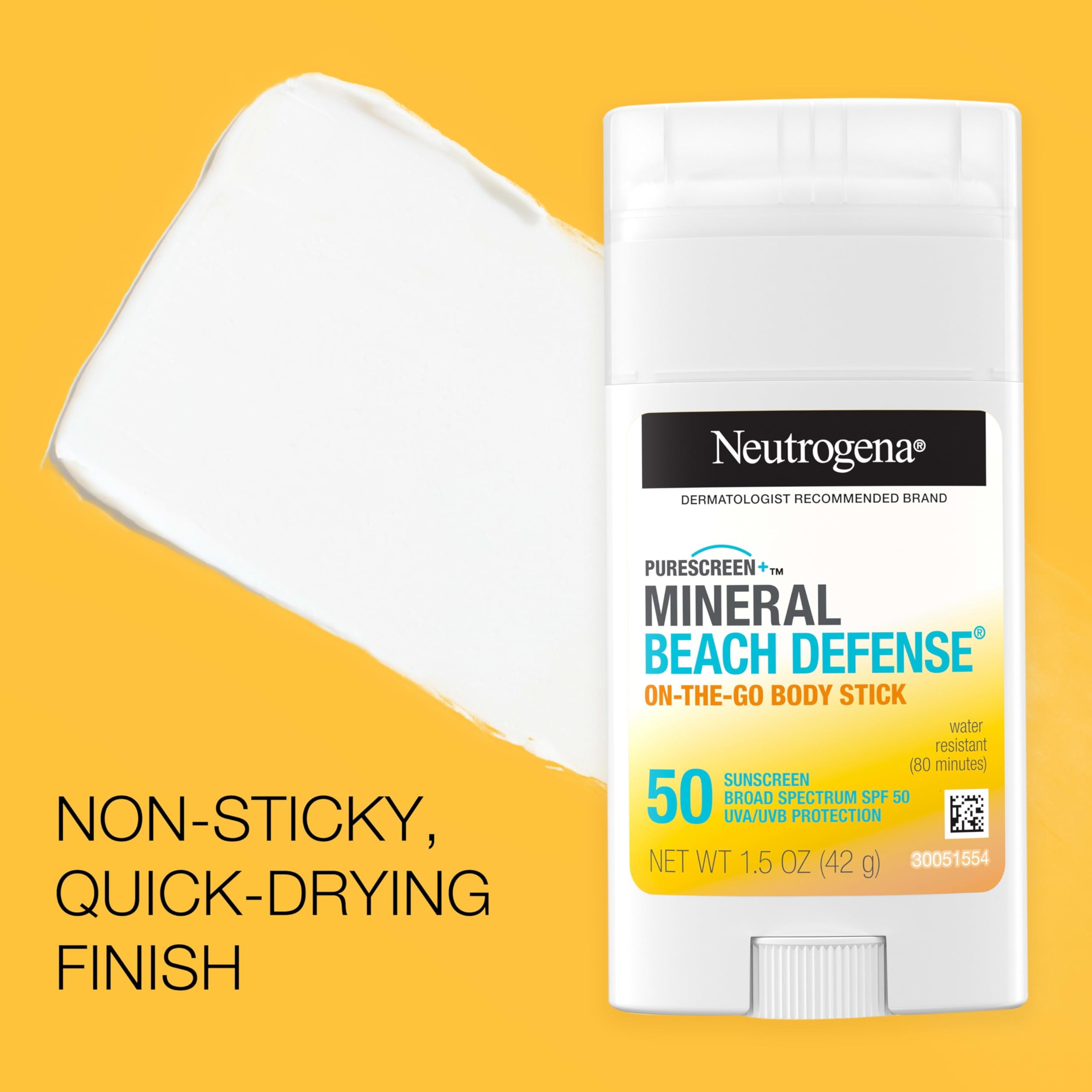 Neutrogena Purescreen+ Mineral Beach Defense On-The-Go Body Sunscreen Stick with Broad Spectrum SPF 50, Water Resistant UVA/UVB Protection, Absorbs Quickly & Dries Clear, 1.5 oz