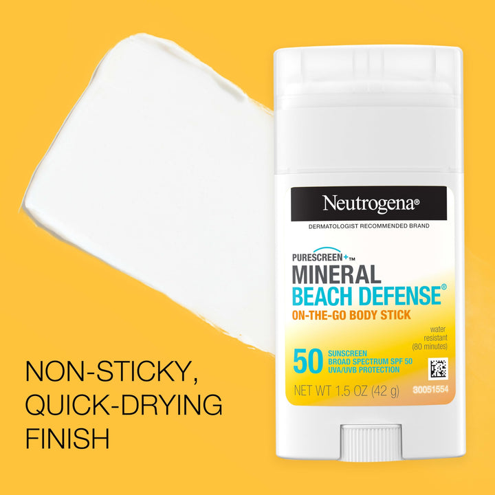 Neutrogena Purescreen+ Mineral Beach Defense On-The-Go Body Sunscreen Stick with Broad Spectrum SPF 50, Water Resistant UVA/UVB Protection, Absorbs Quickly & Dries Clear, 1.5 oz
