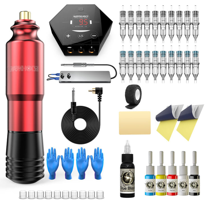 Wormhole Rotary Tattoo Pen Kit for Beginners 40pcs Cartridges Needles Foot Pedal Power Supply Professional Complete Tattoo Kit