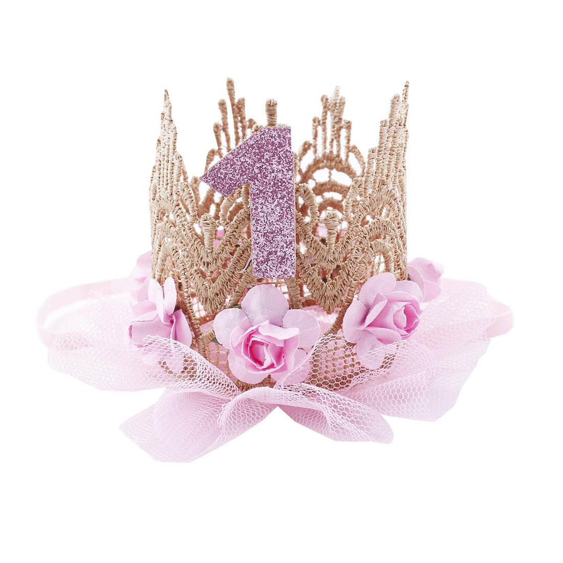 June Bloomy Baby Golden Lace Rose Flower Crown 1st Birthday Headband Princess Tiara (Pink)