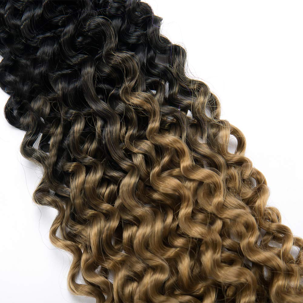 Afro Water Wave Crochet Hair Braids 14 Inch Ombre Marlybob Kinky Curly Synthetic Hair Bundles Extensions Jerry Curl Twist Hair Weave for Black Women 3 Bundles/Pack 2 Tones Black to Dark Blonde