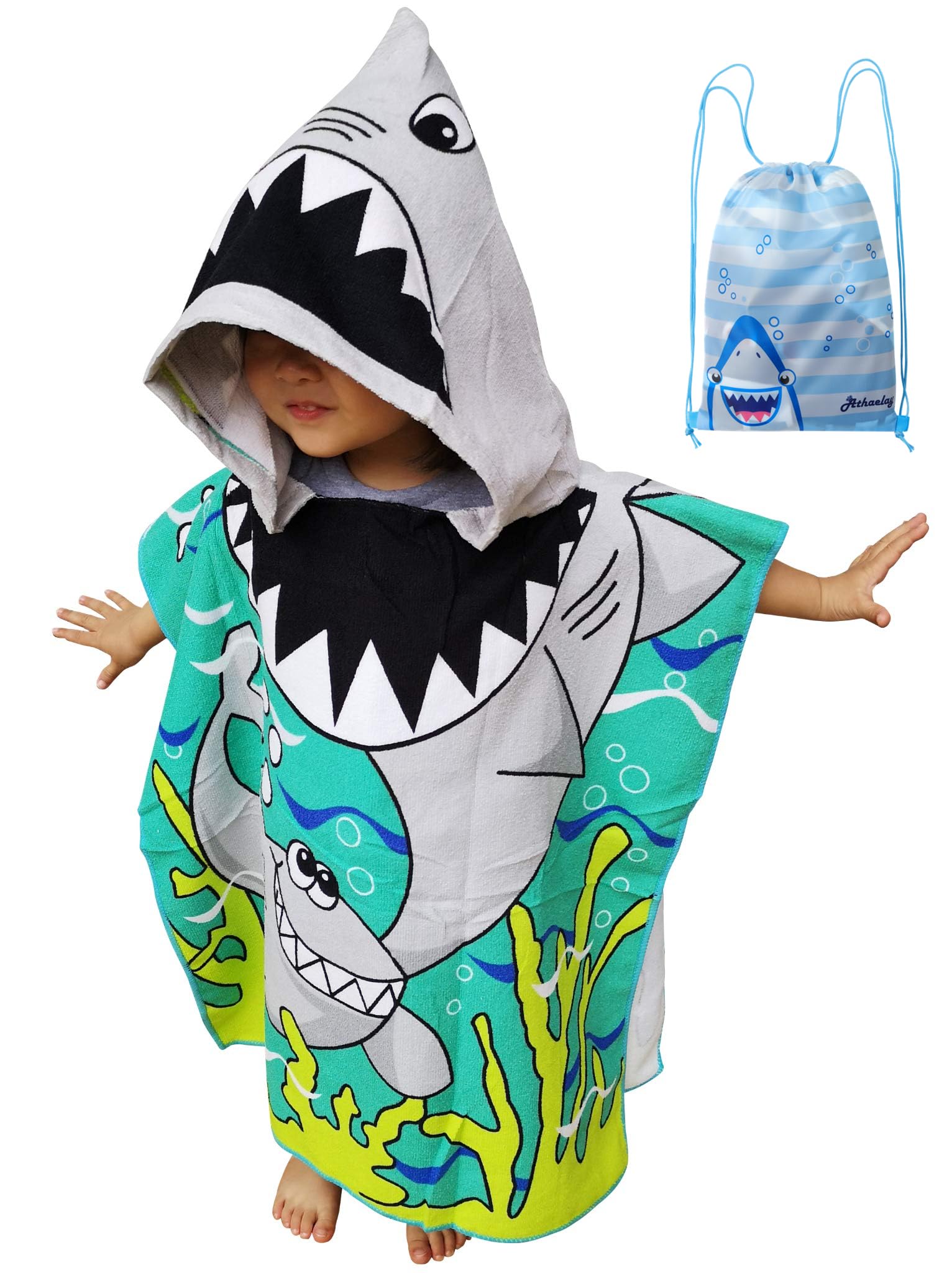Athaelay Wearable Towel for Kids Toddlers Bath Pool Beach Swim Poncho Cover-ups Swimwear for Little Boys Girls, Shark Theme with Bag