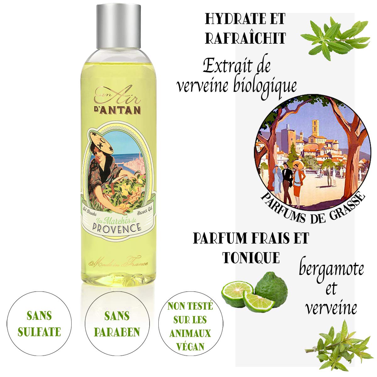 Set Premium Provence French Body Wash Pack Of 2X8.8 Oz, Organic Verbena, Bergamot And Lemon Un Air D'Antan Exclusive Perfume â€“ Moisturising And Revitalising Parabe Paraben-Free For