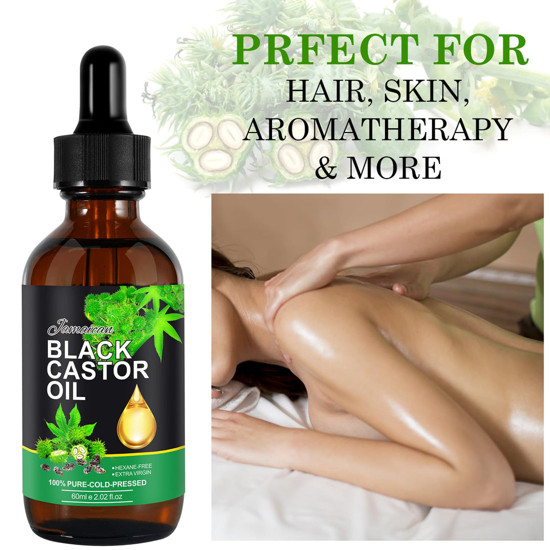 Jamaican Black Castor Oil, Castor Oil Organic Cold Pressed Unrefined, Pure Natural Castor Oil for Hair Growth, Eyelashes & Eyebrows, Deep Cleansing, Skin & Scalp Moisturizer, Nail Care Grow, 60ML