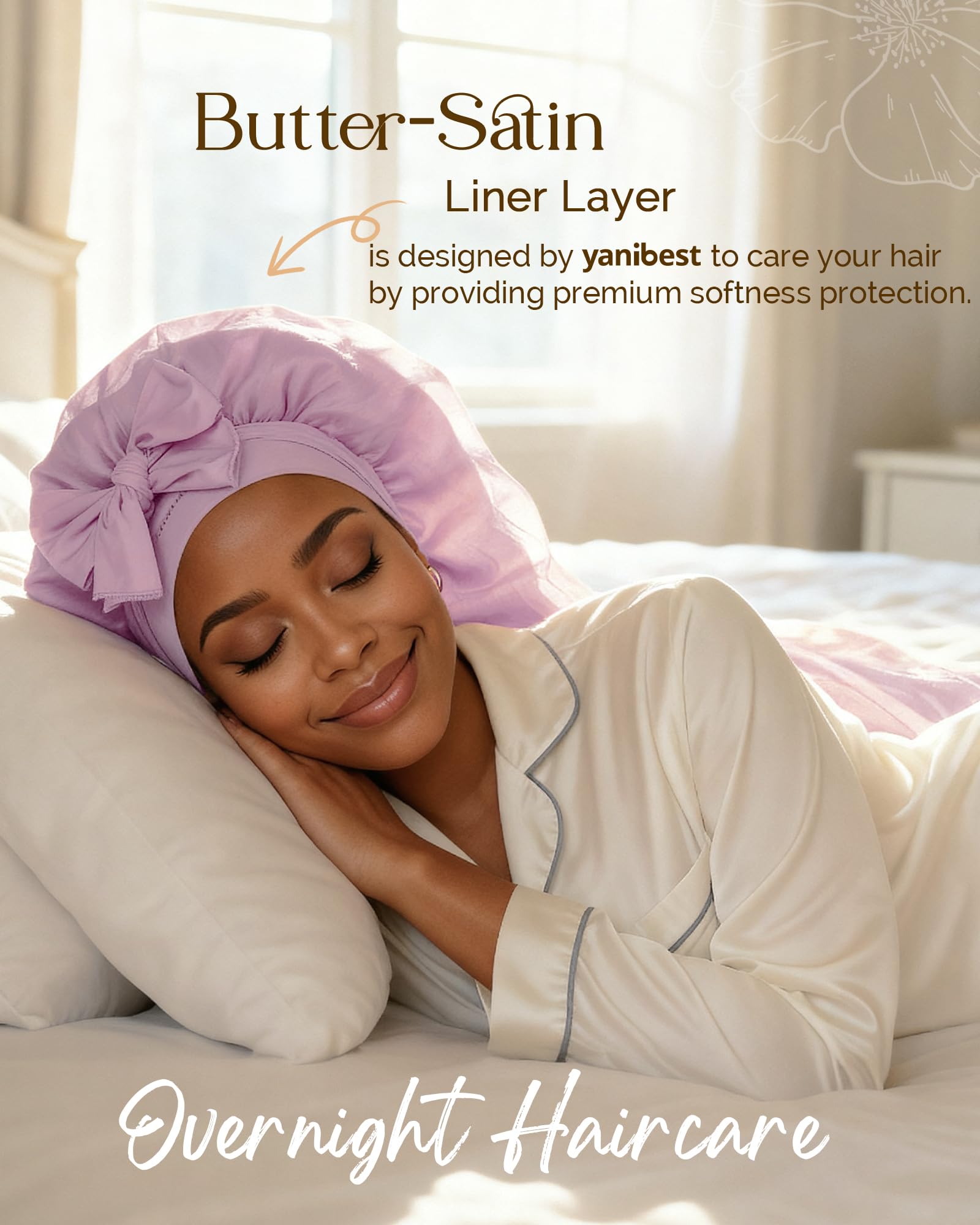 YANIBEST Silk Bonnet for Sleeping Women Satin Lined Braid Bonnet with Breathable Tie Band for Curly Hair Purple