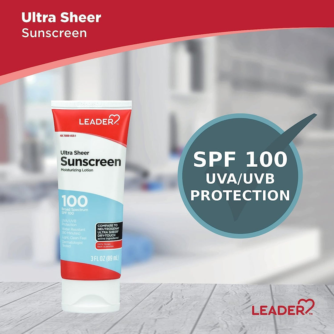 LEADER Travel Sunscreen SPF 100+, Ultra Sheer Dry-Touch Water Resistant and Non-Greasy Lotion with Broad Spectrum SPF 100+, 3 Fl Oz