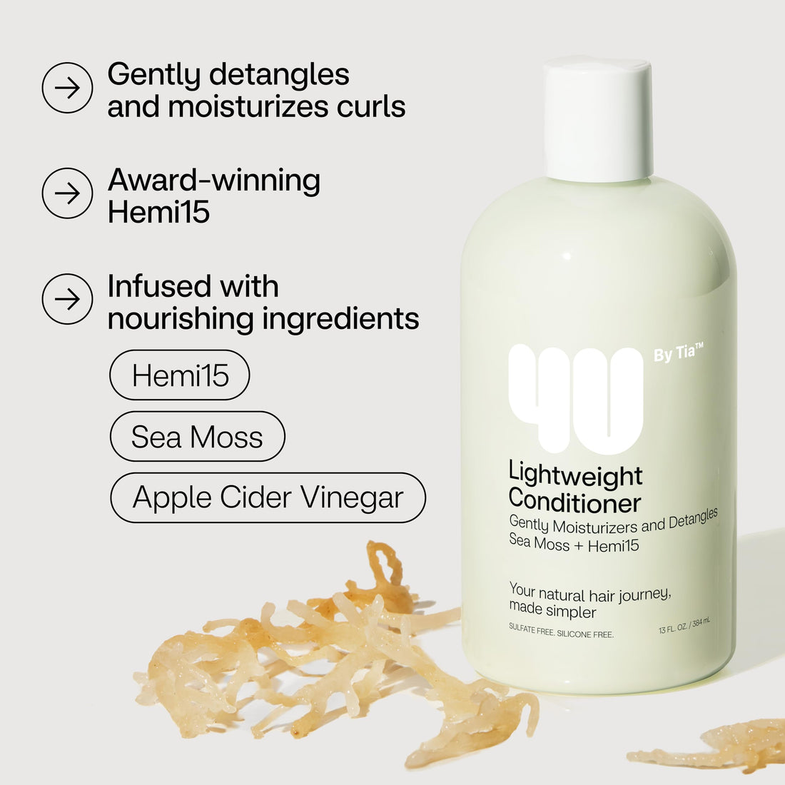 4U by Tia Lightweight Detangling Conditioner - Curly, Kinky, Coily 3A-4C Hair - Hemi15 & Sea Moss Sulfate Free Nourishing Conditioner with Natual Ingredients - Ideal for Braiding (13 fl oz)