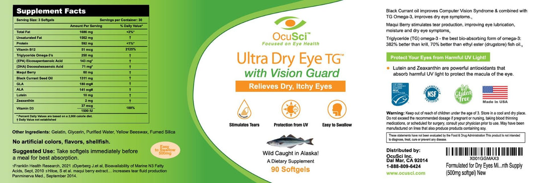 Formulated for Dry Eyes Mini-softgels of Ultra pure Omega-3, Black Currant Oil, Maqui Berry, Lutein, Zeaxanthin, Vitamins B12 and D3 (2 Month (180 mini softgels)
