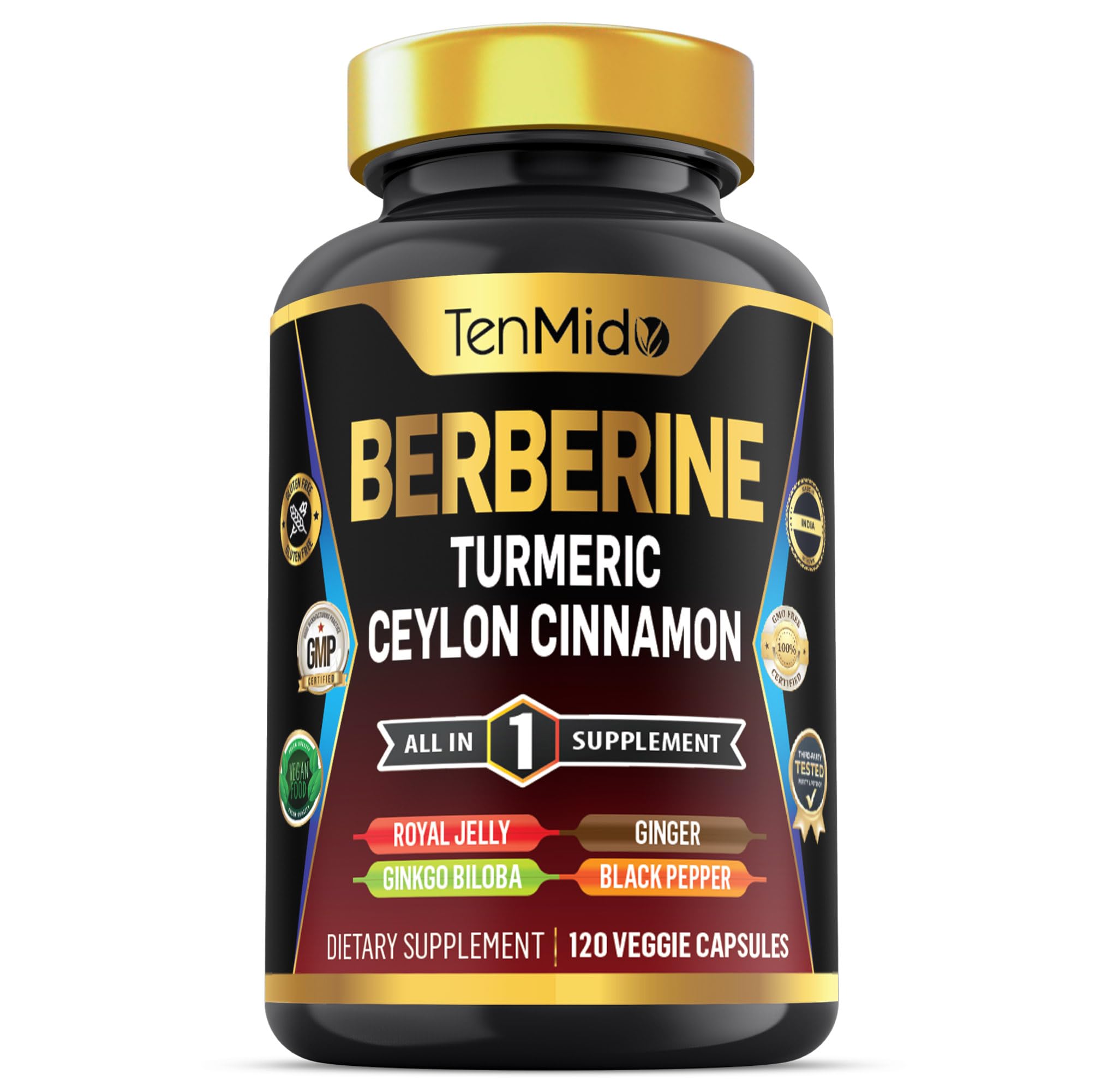 Tenmido Berberine Supplement - 7in1 Formula - Combine with Turmeric, Royal Jelly, Ceylon Cinnamon, Ginkgo Biloba, Ginger & Black Pepper - Digestive Health, Immune Support - 120 Capsules