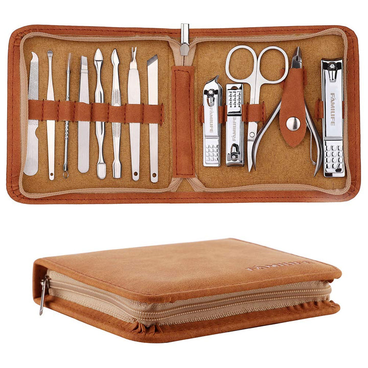 FAMILIFE F03 Manicure Pedicure Set Nail Clippers Tool 13pcs Professional Stainless Steel Portable Travel Grooming Kit Nail Care Nail Scissors Kit Men Women