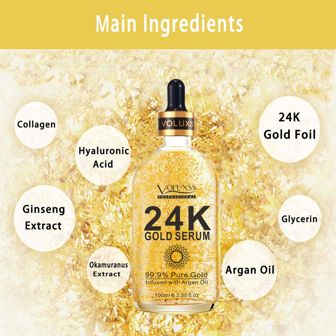 Voluxss 24K Gold Serum for Face,Skin Brightening Anti Aging Face Serum Moisturizer with Vitamin C,Hyaluronic Acid & Argan Oil for Dark Spots & Fine Lines,Korean Skin Care Glow Collagen Booster Serum
