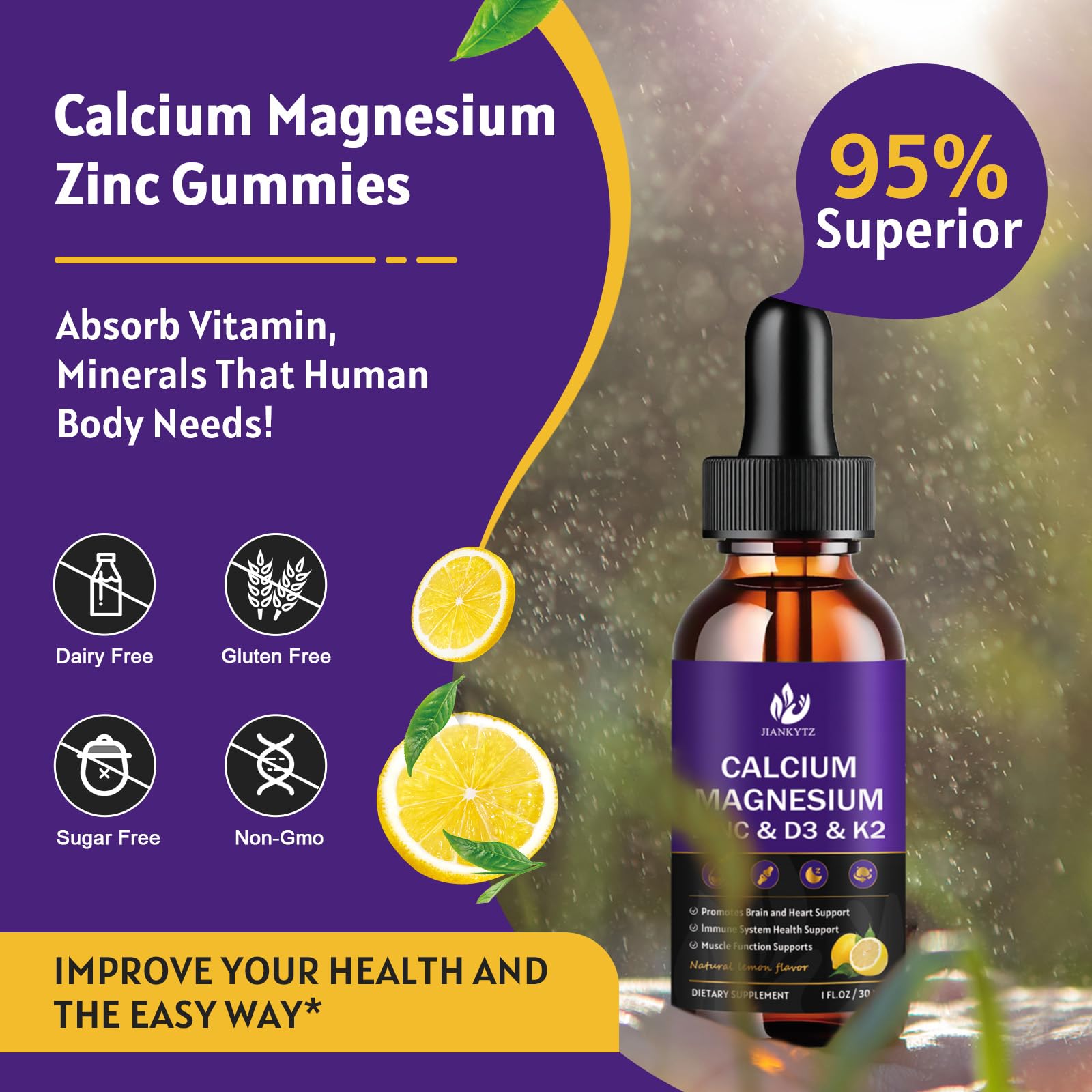 JIANKYTZ Calcium Magnesium Zinc 1300mg with Magnesium Glycinate, Vitamin C D3 K2 B6 and Sea Moss | Calcium Supplement Calcium with Vitamin D3 K2 Liquid Drop | Gluten Free | 2 Pack