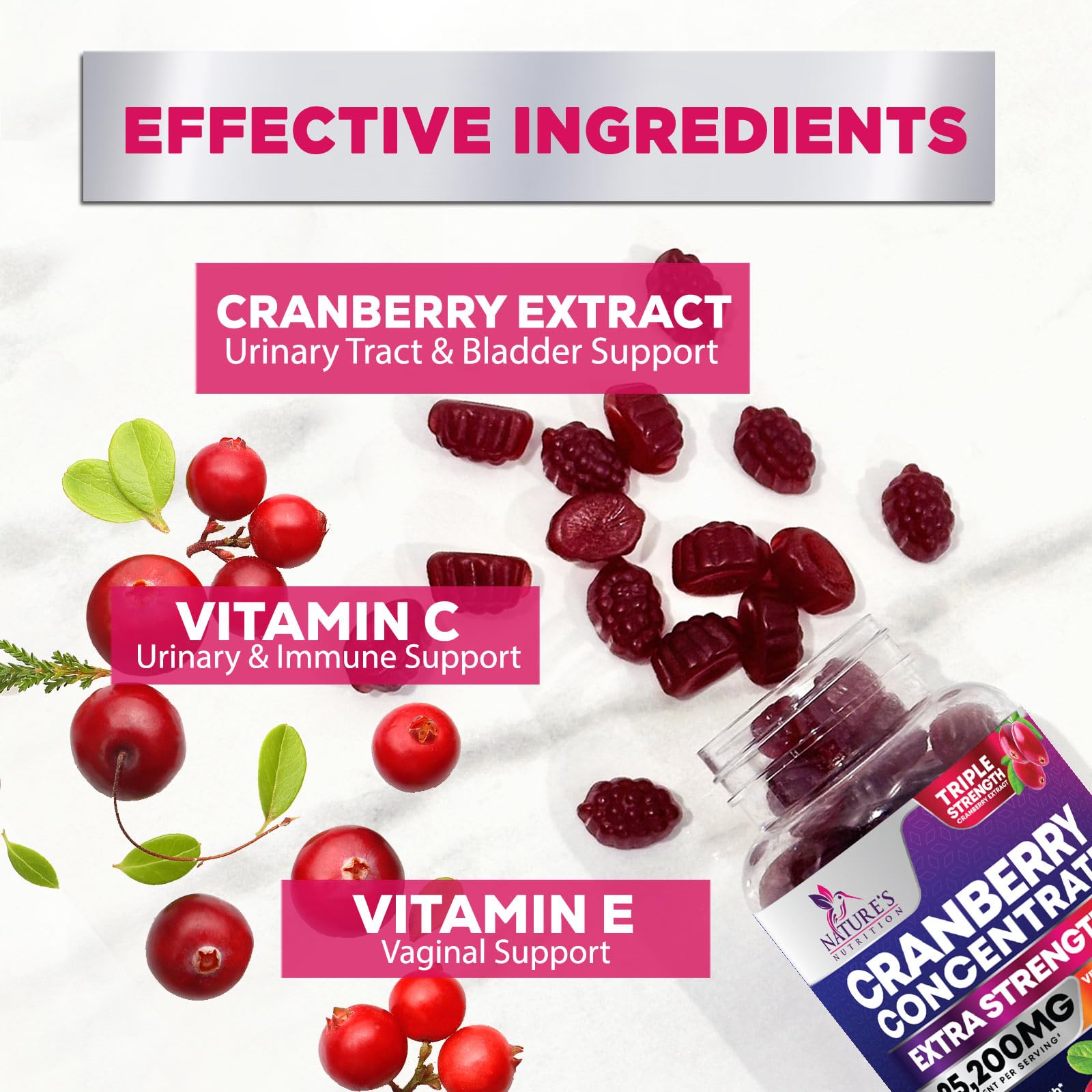 Cranberry Supplement Gummies + Vitamin C - Made with 25,000mg 50:1 Cranberry Extract to Help Cleanse and Protect The Urinary Tract, Nature's Chewable Cranberry Pills for Women, Non-GMO - 60 Gummies