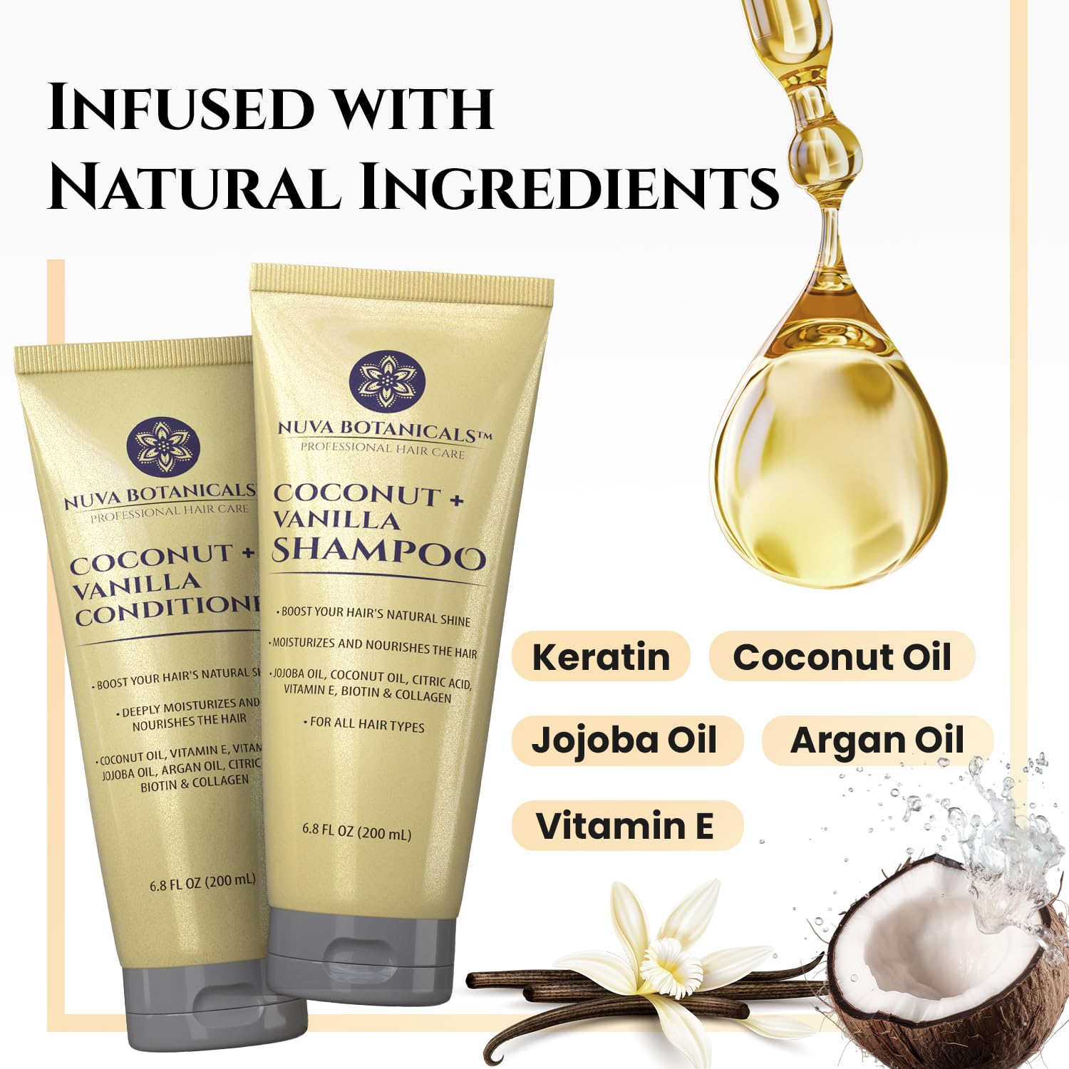 Nuva Botanicals Coconut Shampoo and Conditioner, Vanilla Shampoo and Conditioner with Biotin and Collagen- Moisturizing Shampoo and Conditioner Set with Jojoba Oil, Argan Oil and Vitamin E(6.8oz each)
