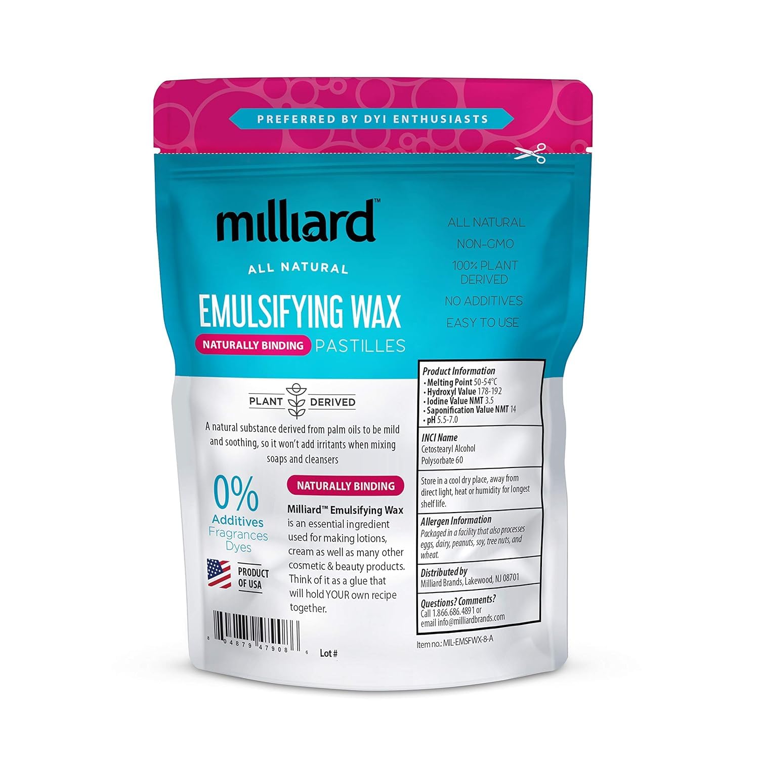 Milliard Non-GMO Emulsifying Wax NF Pastilles, Perfect for DIY, Creams, Lotions, and Soaps - 100% Natural Plant Derived (8 Oz)