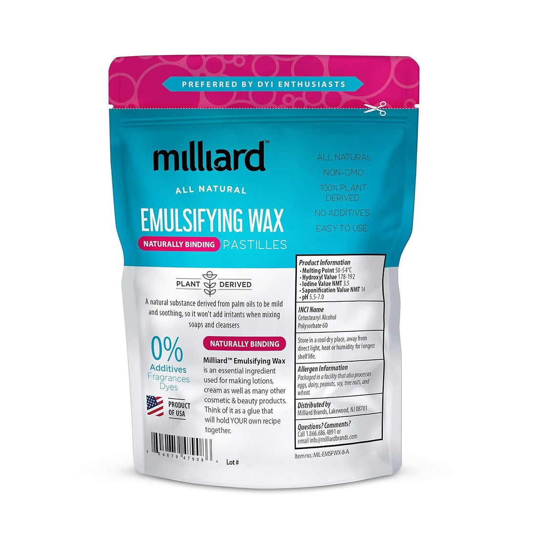 Milliard Non-GMO Emulsifying Wax NF Pastilles, Perfect for DIY, Creams, Lotions, and Soaps - 100% Natural Plant Derived (8 Oz)