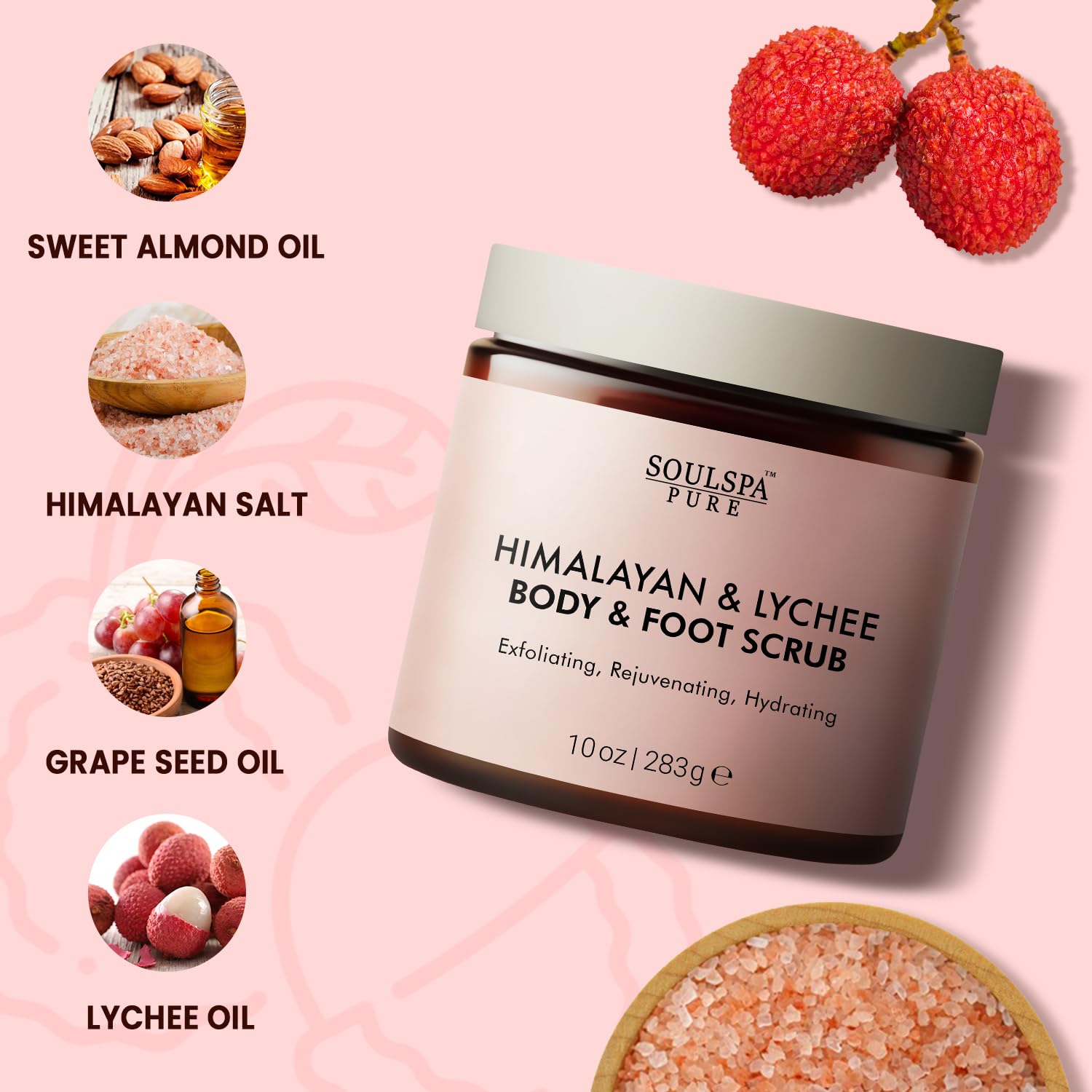 SOULSPA PURE Himalayan Foot & Body Scrub - Luxurious Himalayan Pink Salt Scrub & Mineral Rich Exfoliating Body Scrub for Refreshed and Radiant Skin, 10 oz