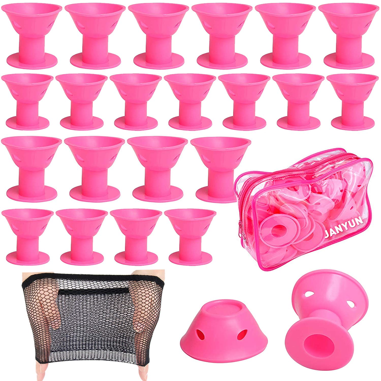 JANYUN 40 Pcs Pink Magic Hair Rollers, 20 Pcs Large and 20 Pcs Small Silicone Curlers