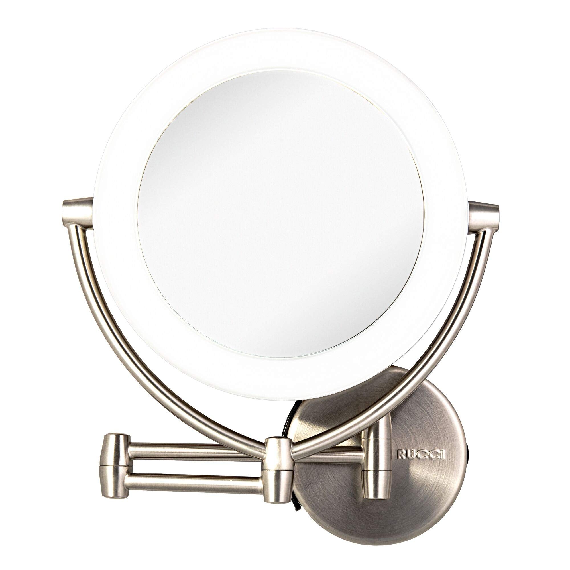 Wall Mount LED Lighted Makeup Mirror, AC Adapter, Battery Operated, 1x/10 Magnification, 3 Touch Tones 17.5ââ‚¬Â Extended by Rucci