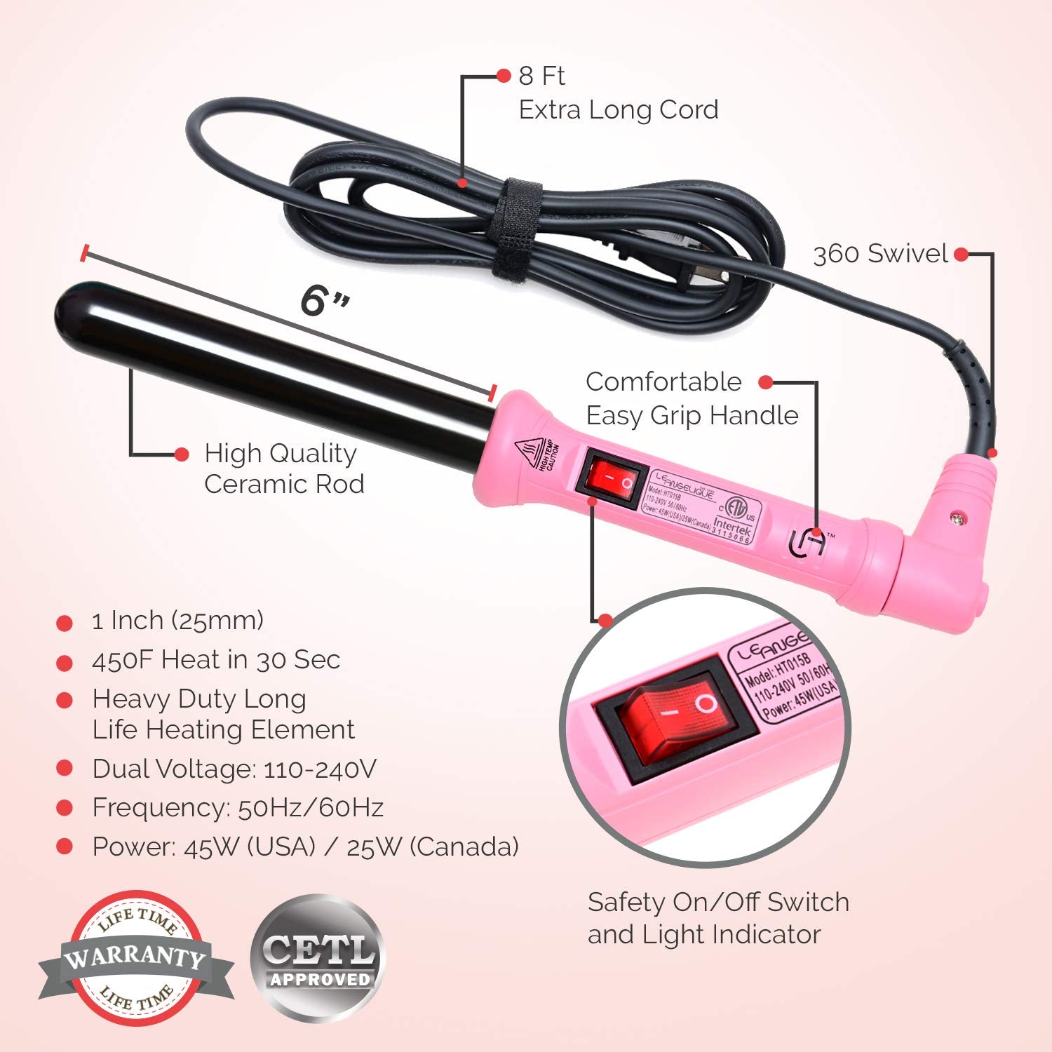 Le Angelique Curling Iron, Pink, 25mm