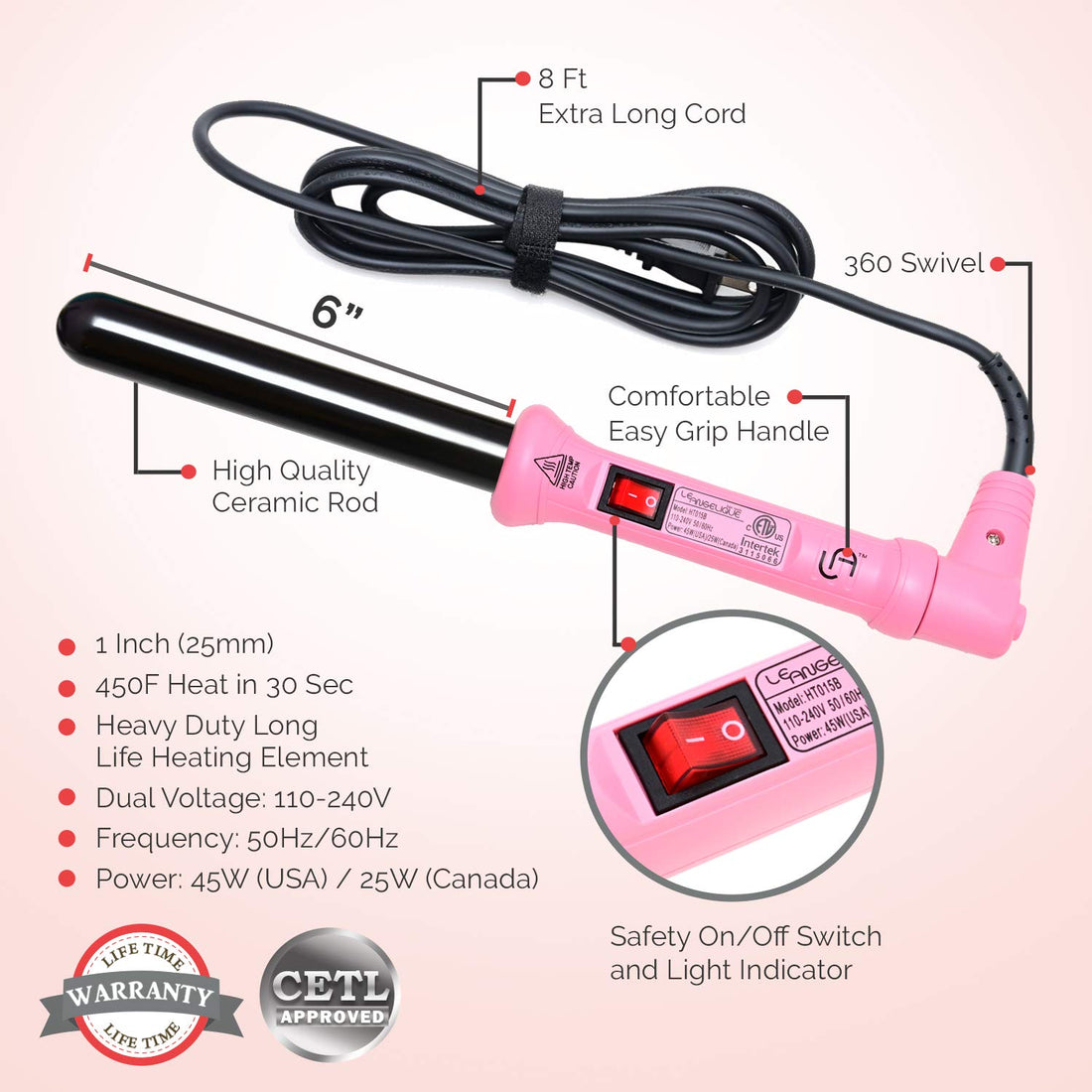 Le Angelique Curling Iron, Pink, 25mm