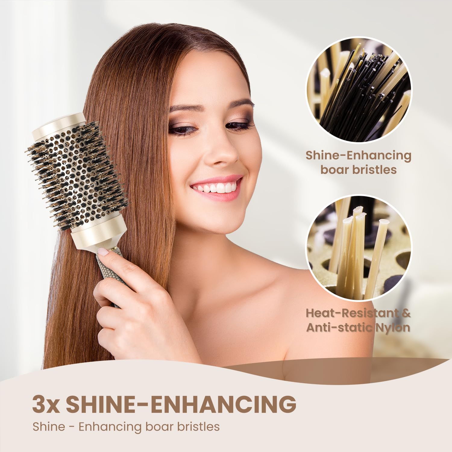 Round Brush, Nano Thermal Ceramic & Ionic Tech Hair Brush, Round Barrel Brush with Boar Bristles, Enhance Texture for Hair Drying, Styling, Curling and Shine (2.1 inch) + 4 Free Clips by Aimike