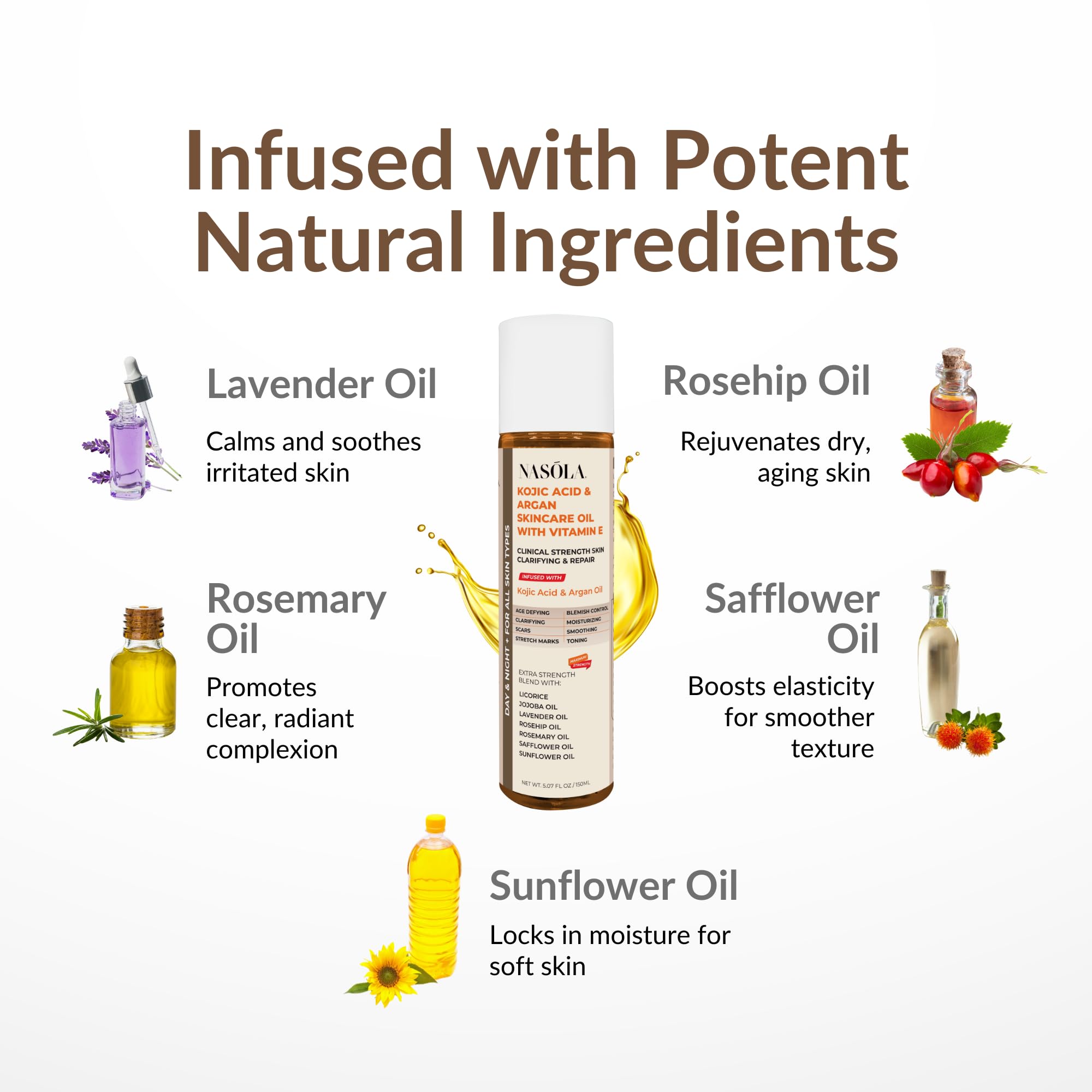 Nasola Kojic Acid Argan Skincare Bio Pure Oil with Vitamin E Face & Body Moisturizer Serum for Scars & Stretch Marks