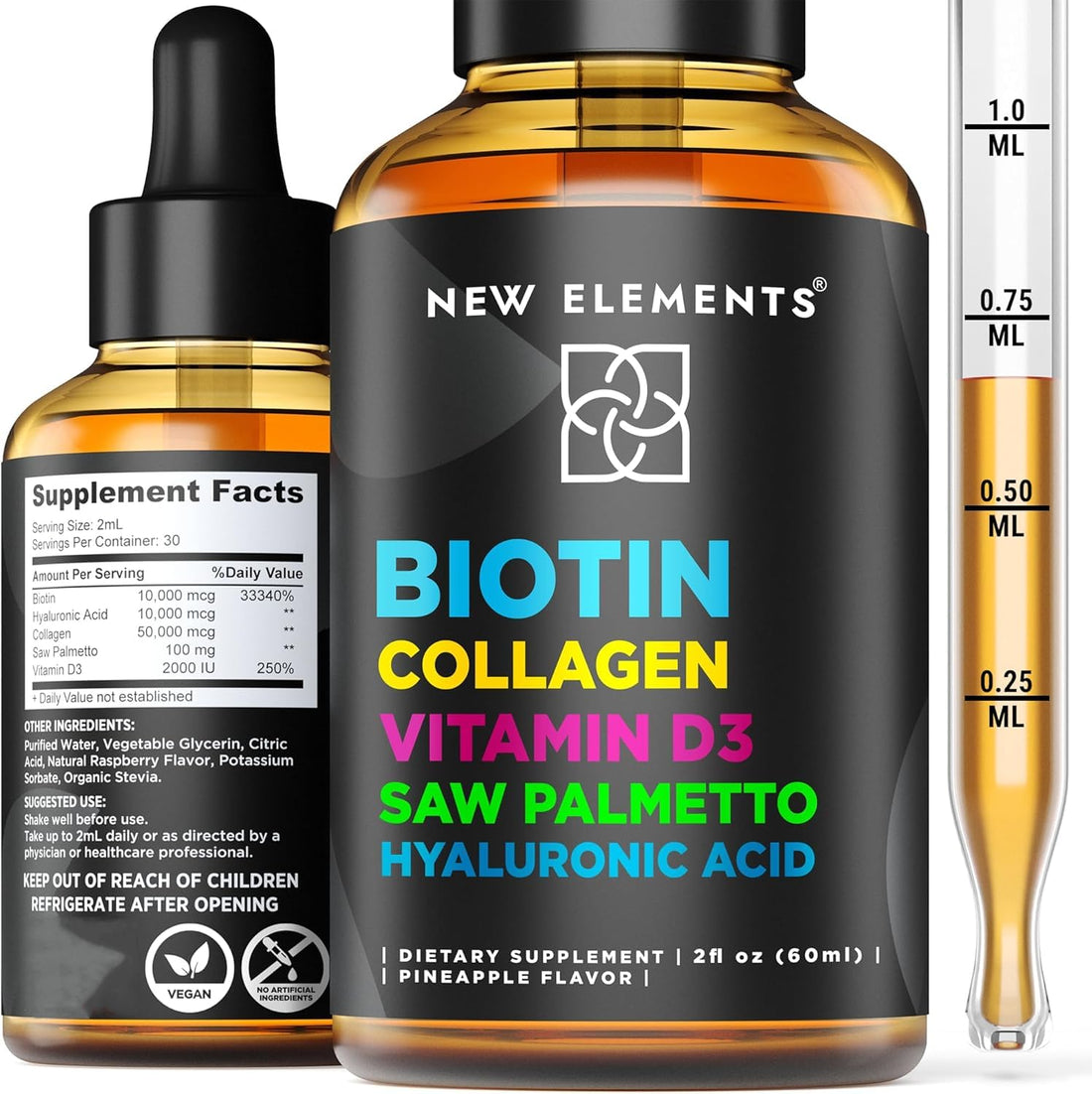 Liquid Biotin Drops with Collagen Vitamin D3 Saw Palmetto & Hyaluronic Acid for Hair Skin and Nails, Hair Growth Supplement for Men & Women | Non-GMO | Gluten-Free