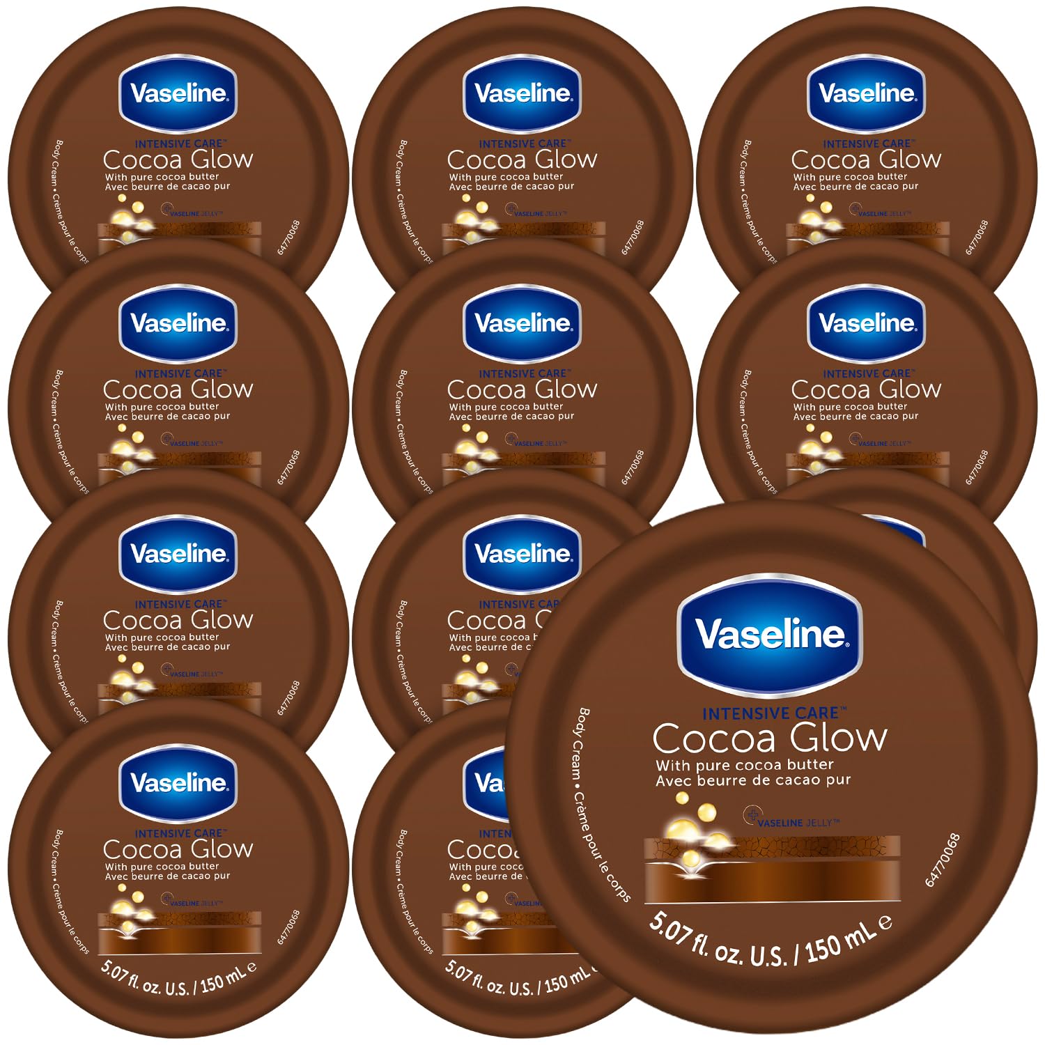Vaseline Lotion, Cocoa Glow Body Cream 12-Pack – Non-Greasy Moisturizer for Glowing Skin with Pure Cocoa Butter, 5.07 Oz Ea