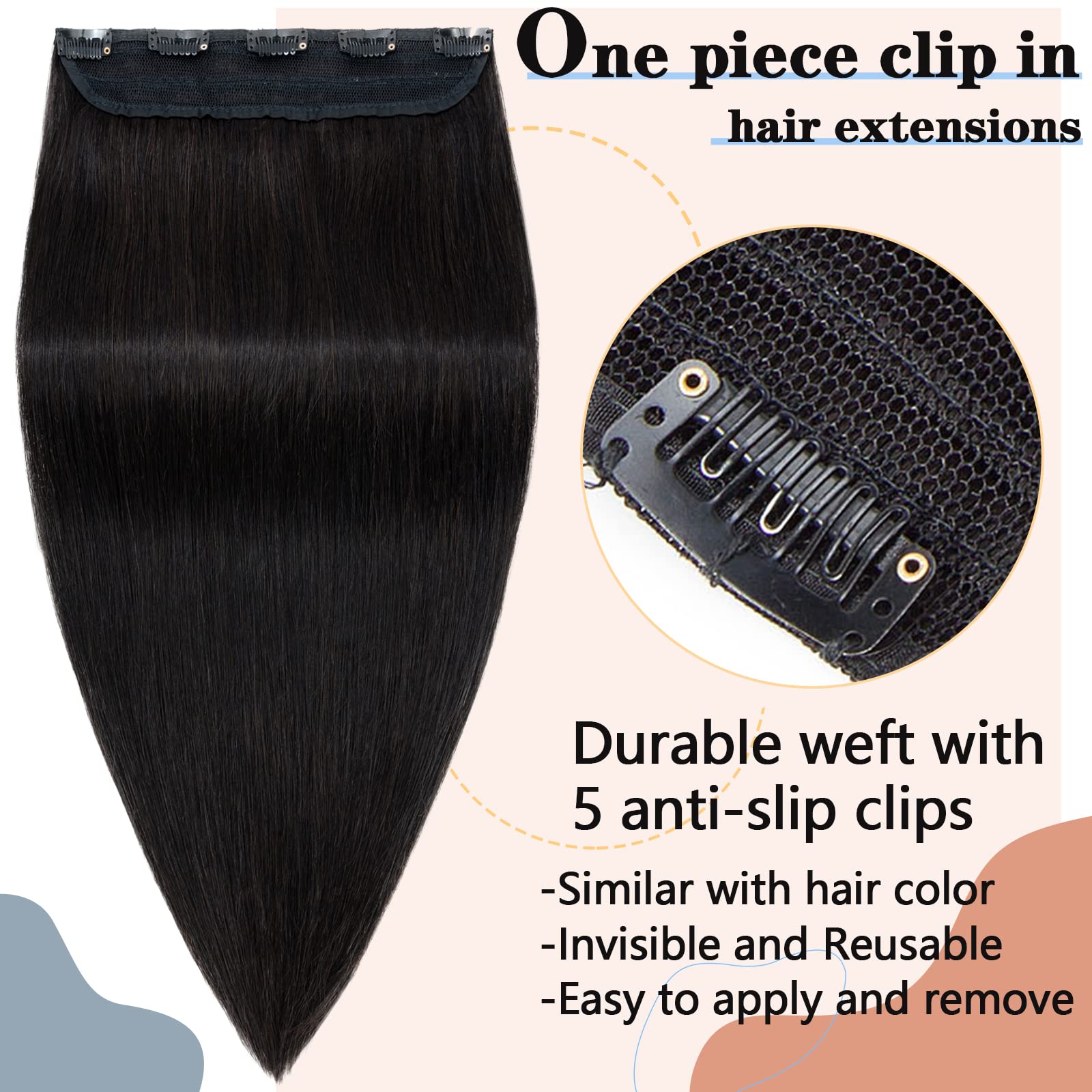 Clip in Remy Human Hair Extensions One Piece 5 clips 100% Remy Human Hair Straight Soft Extensions 3/4 FULL HEAD-Thicker(18-90g,#1B Natural Black)