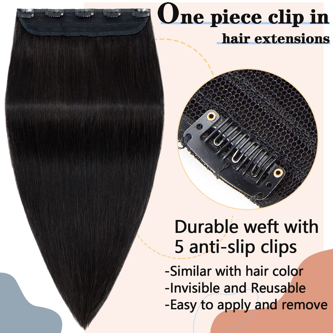 Clip in Remy Human Hair Extensions One Piece 5 clips 100% Remy Human Hair Straight Soft Extensions 3/4 FULL HEAD-Thicker(18-90g,#1B Natural Black)
