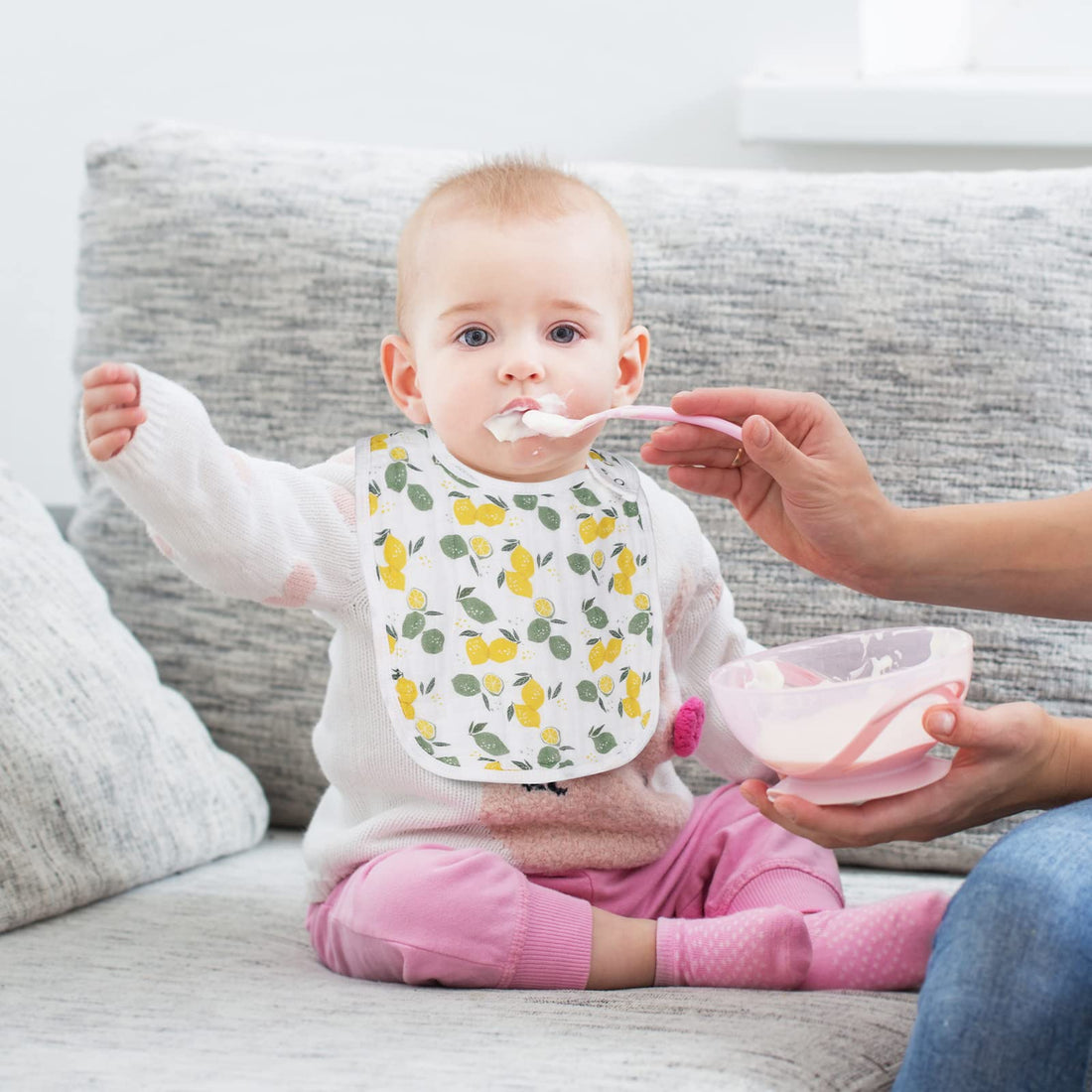 Snap Muslin Bibs for Girls, 3-Pack Baby Bibs for Infants, Newborns and Toddlers, 100% Cotton Muslin Absorbent & Soft Layers, Adjustable Snaps,Lemon,Peach,Pomegranate