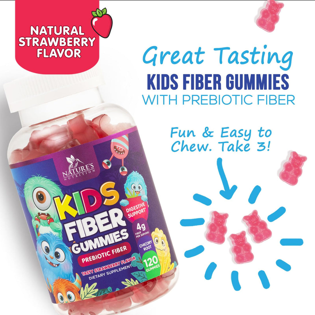 Fiber Gummies for Kids Supplement - Daily Prebiotic Fiber for Kids, Supports Regularity, Digestive Health & Immune Support, Nature's Plant Based Chicory Root Vitamins, Vegan, Berry Flavor, 120 Gummies