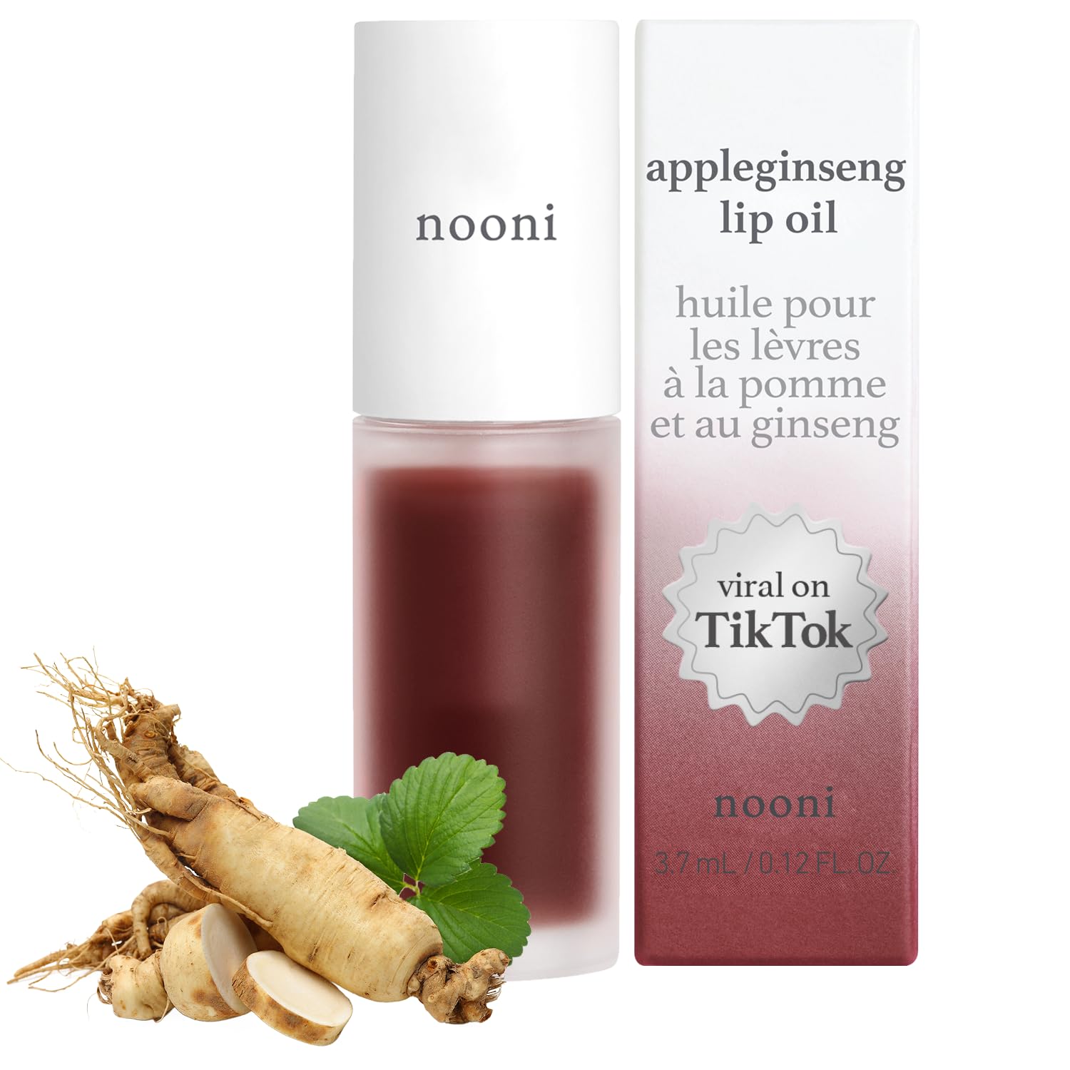 NOONI Korean Vegan Lip Oil - Appleginseng | Lip Stain, Gift, Long-Lasting, Moisturizing, Plumping, Revitalizing for Dry Lips, Waterproof, No Peel Off, Mother's Day, 0.12 Fl Oz