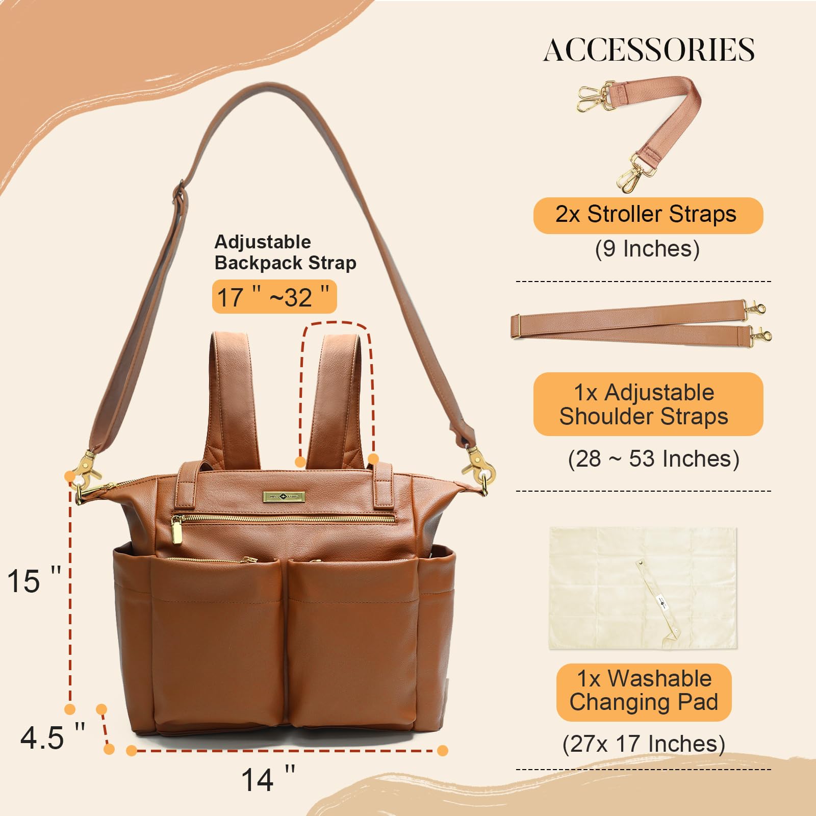 miss fong Diaper Bag Tote Leather Diaper Bag Backpack Large Tote Bag,Baby Diaper Bag for Women,Diaper Bag Purse with 11 Diaper Bag Organizer,Changing Pad, Stroller Straps,4 Insulated Pockets